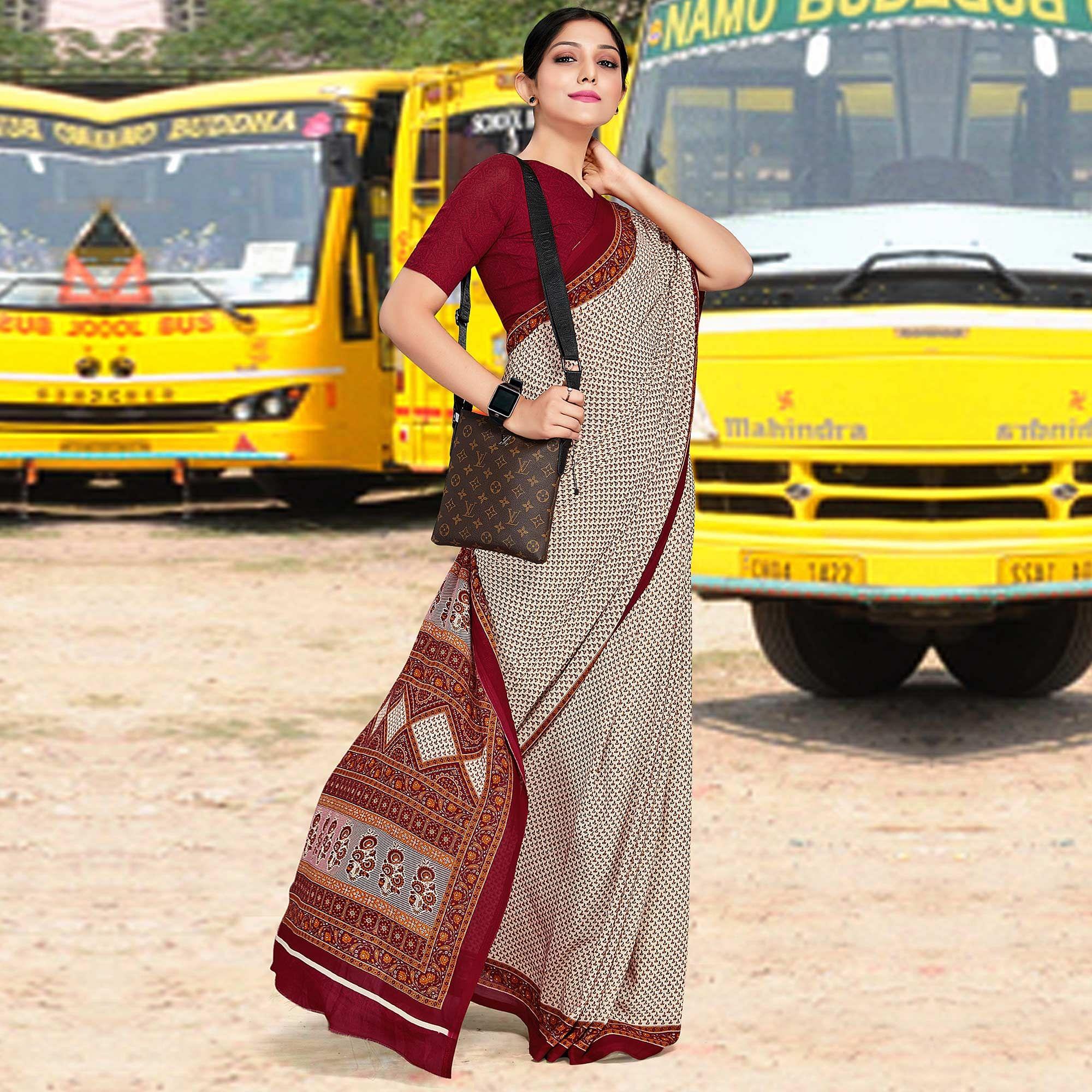 Surpassing Cream Coloured Casual Wear Printed Georgette Saree - Peachmode