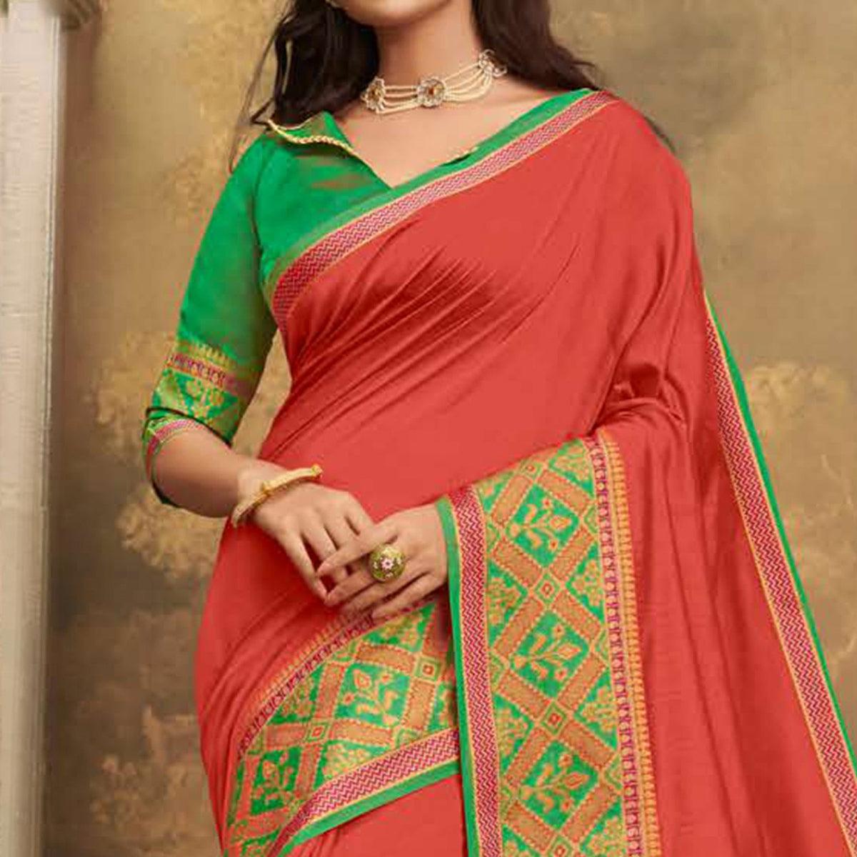 Surpassing Dark Peach Colored Festive Wear Woven Cotton Handloom Saree - Peachmode