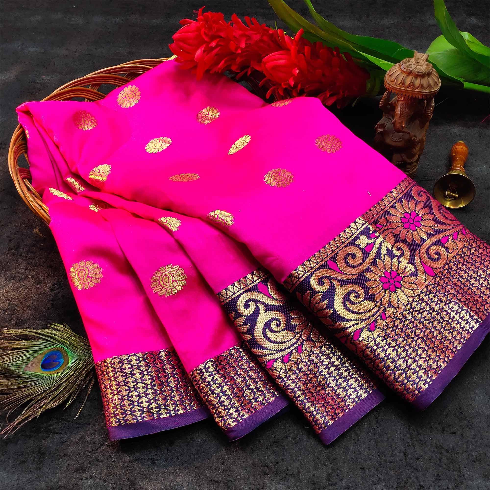 Surpassing Dark Pink Colored Festive Wear Woven Kanjivaram Silk Saree - Peachmode