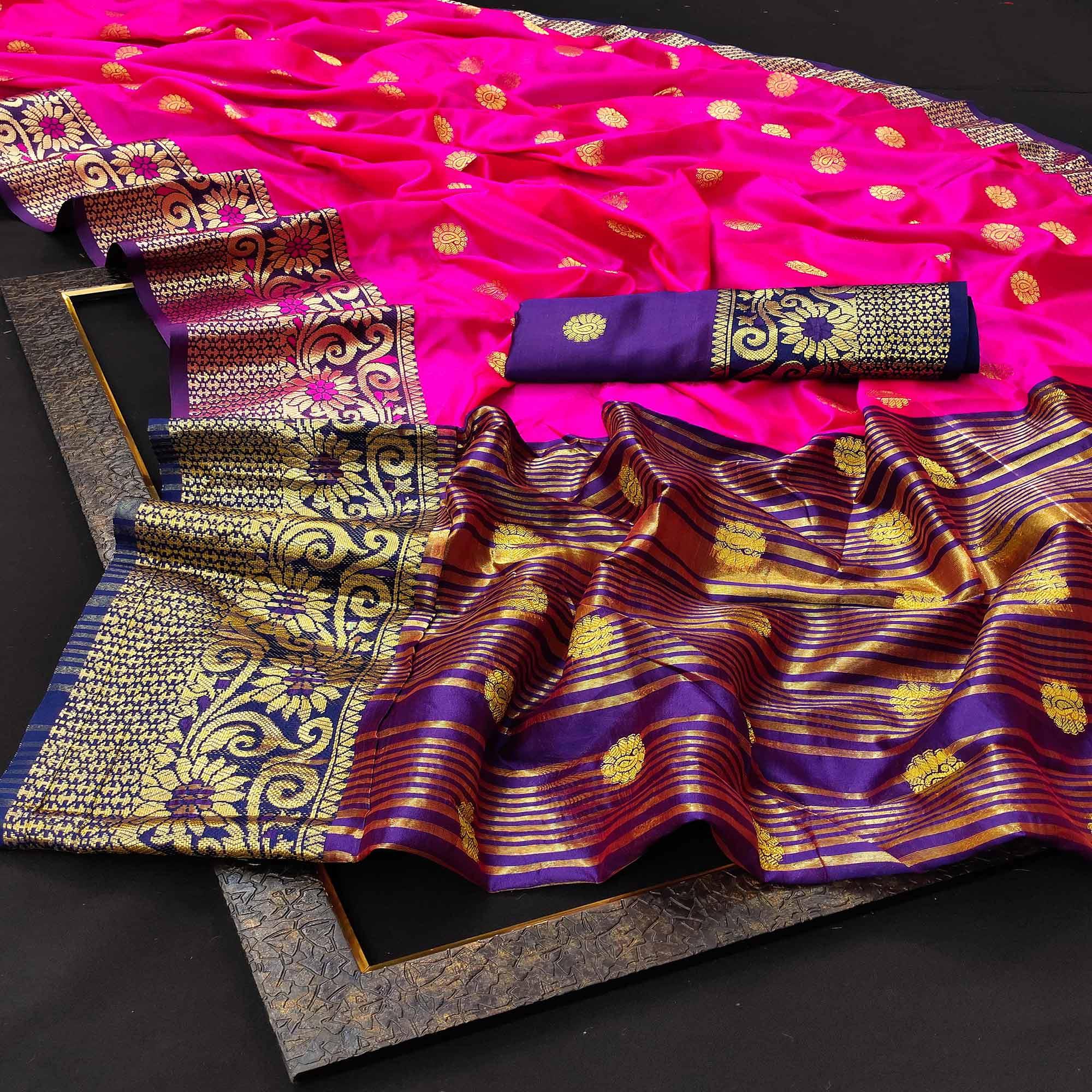 Surpassing Dark Pink Colored Festive Wear Woven Kanjivaram Silk Saree - Peachmode
