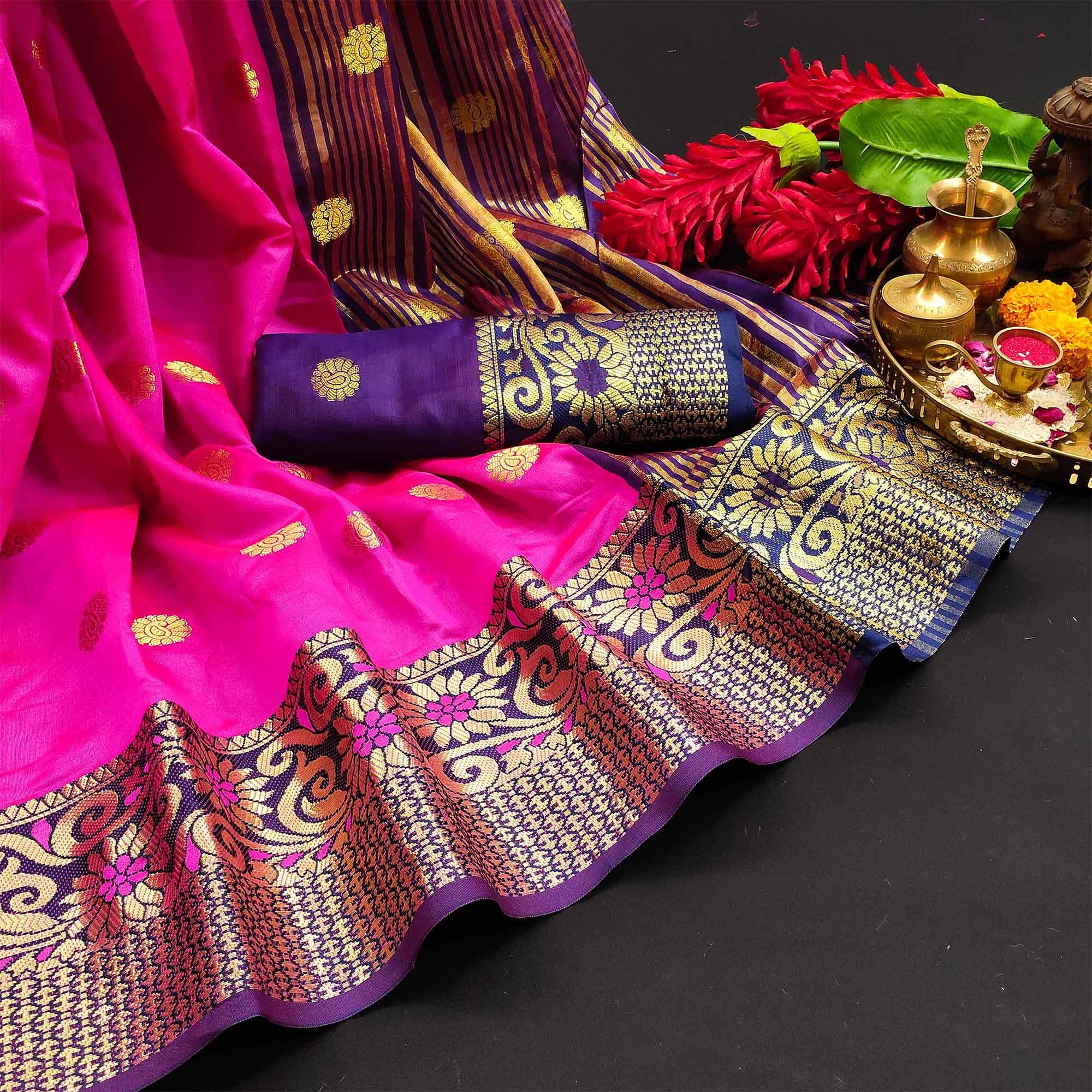 Surpassing Dark Pink Colored Festive Wear Woven Kanjivaram Silk Saree - Peachmode