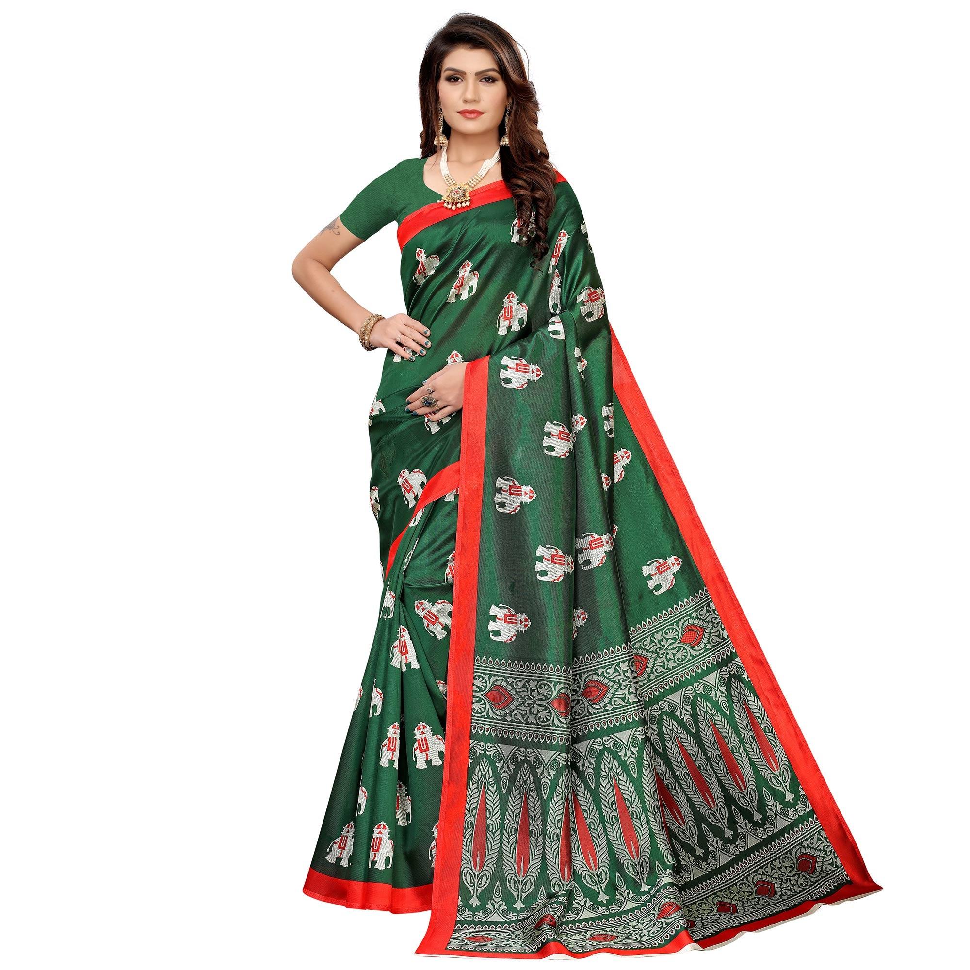 Surpassing Green Colored Casual Printed Mysore Silk Saree - Peachmode