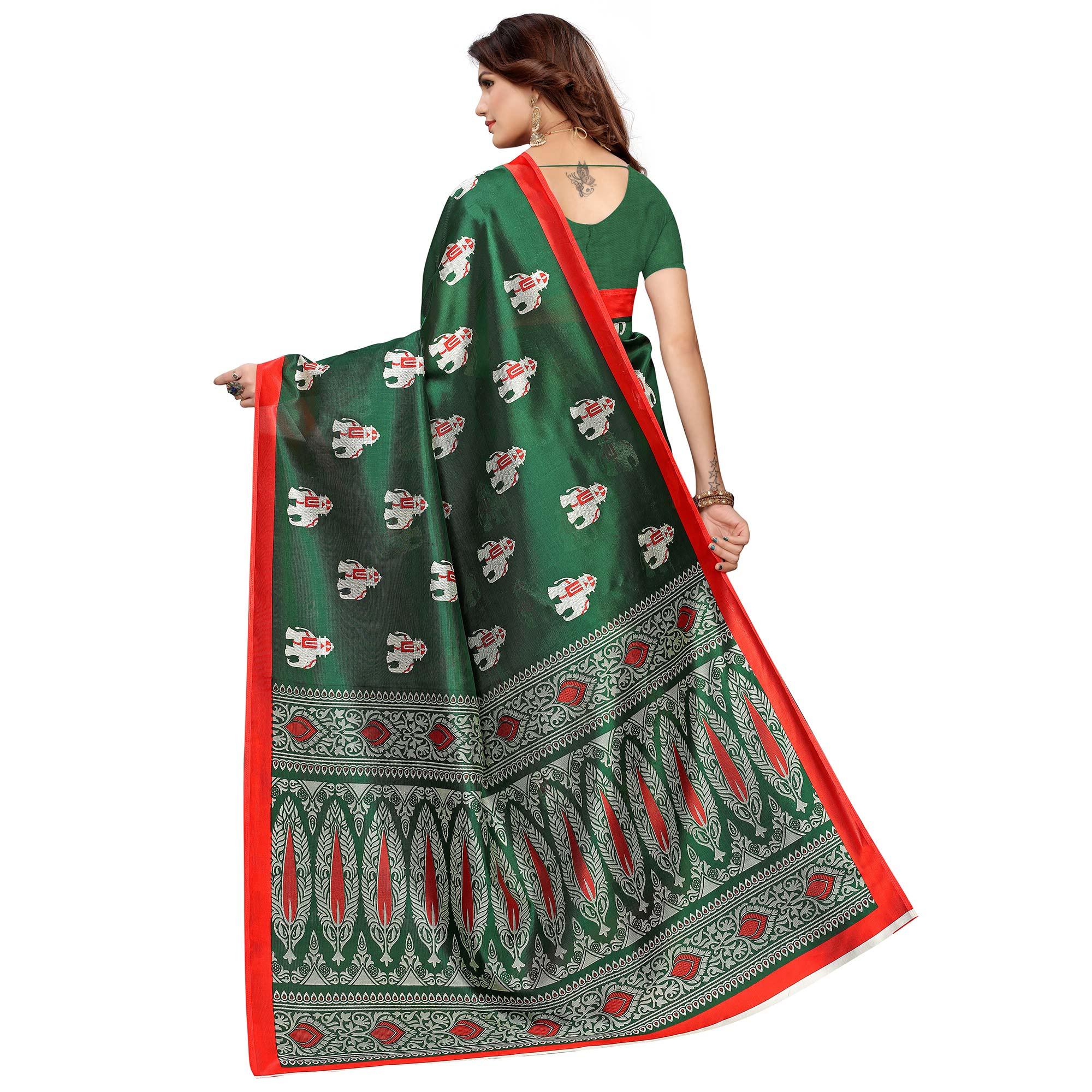 Surpassing Green Colored Casual Printed Mysore Silk Saree - Peachmode