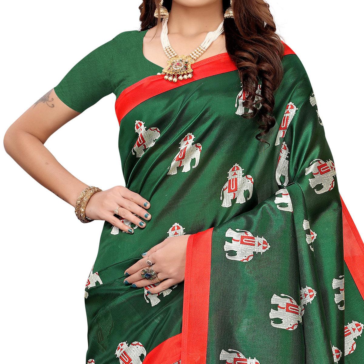 Surpassing Green Colored Casual Printed Mysore Silk Saree - Peachmode