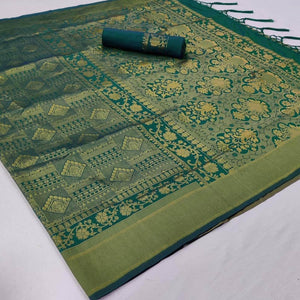 Surpassing Green Colored Festive Wear Woven Silk Saree With Tassels - Peachmode