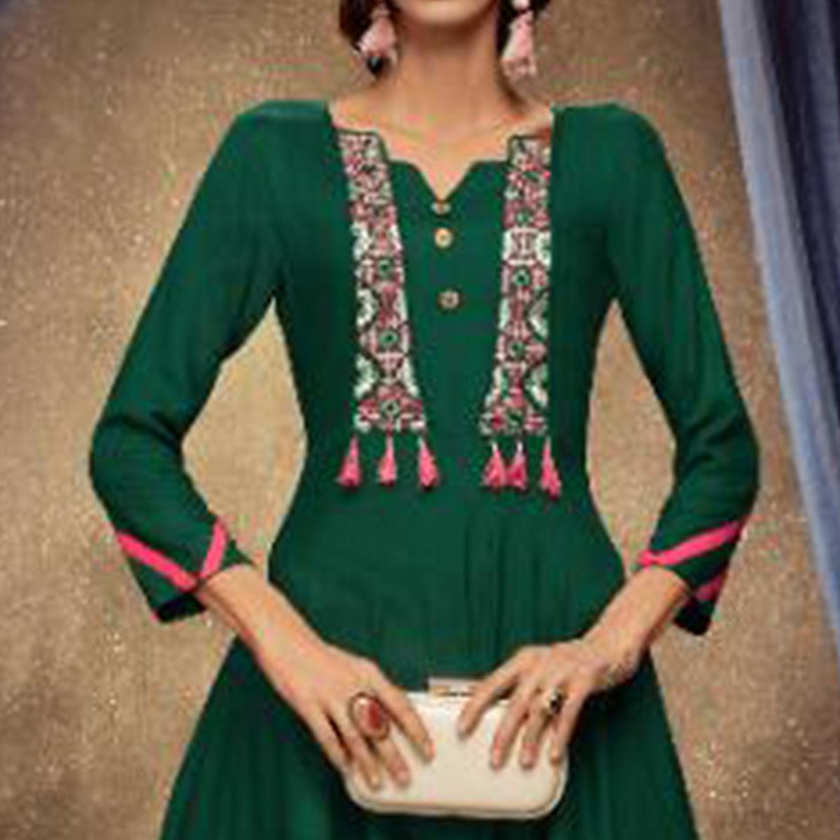 Surpassing Green Colored Partywear Embroidered Heavy Rayon Long Kurti - Peachmode
