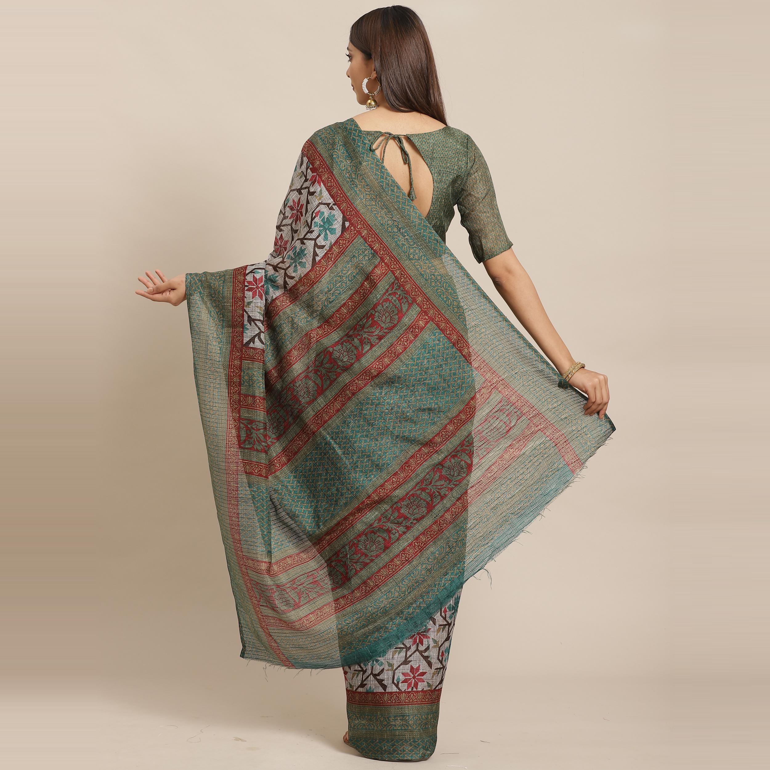 Surpassing Grey - Green Colored Casual Wear Printed Silk blend Saree - Peachmode