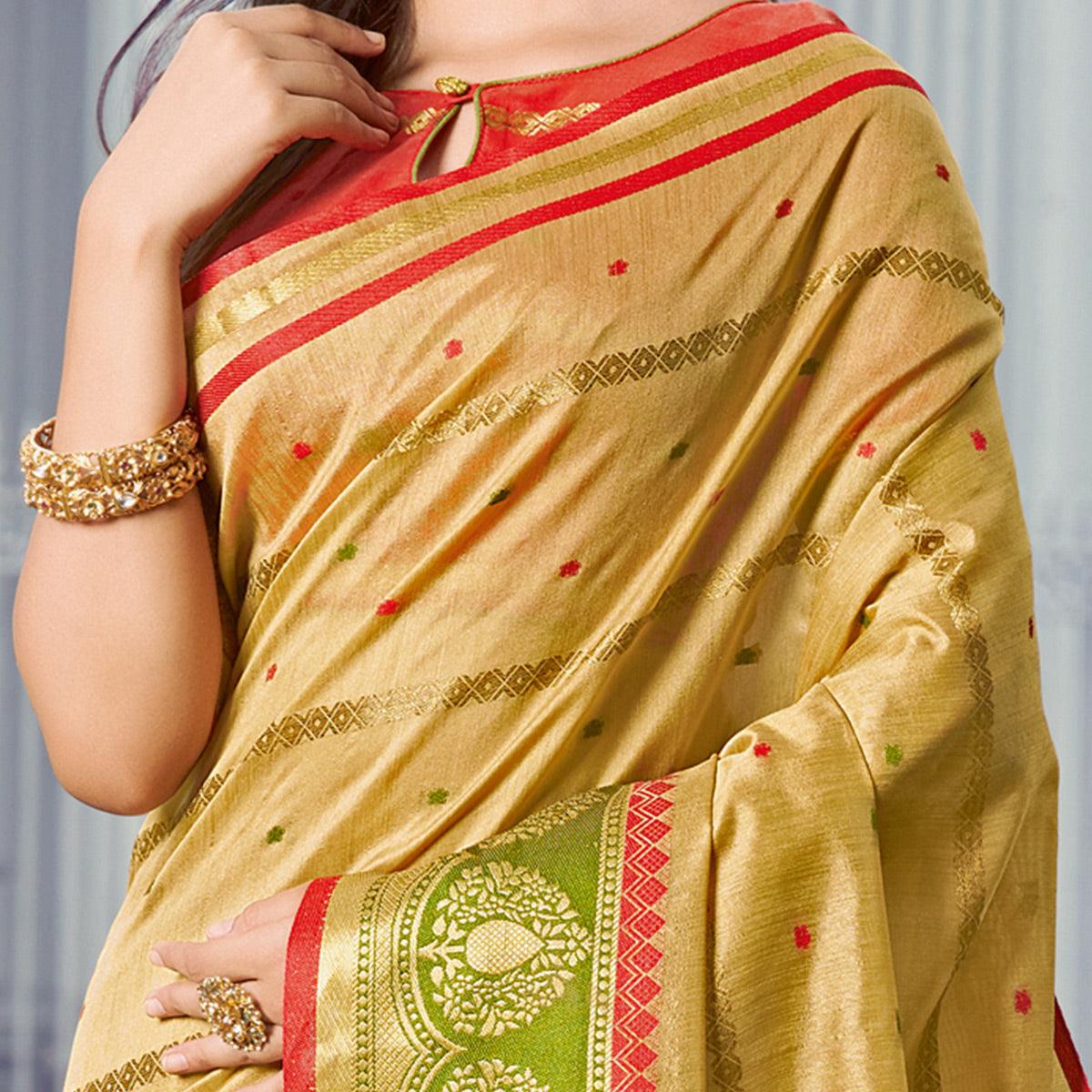 Surpassing Light Brown Colored Festive Wear Woven Handloom Silk Saree - Peachmode