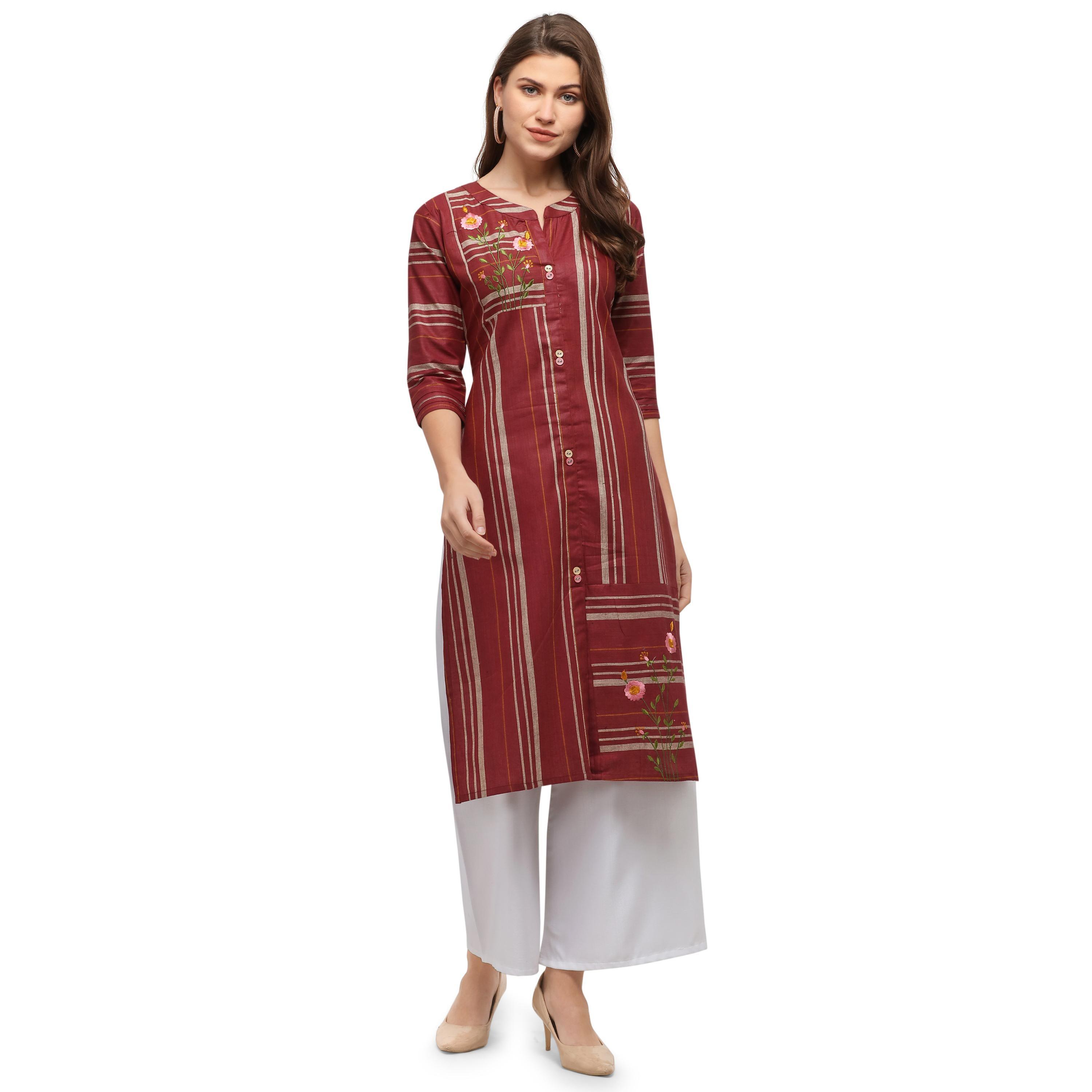 Surpassing Maroon Colored Casual Wear Embroidered Cotton Kurti With Palazzo - Peachmode