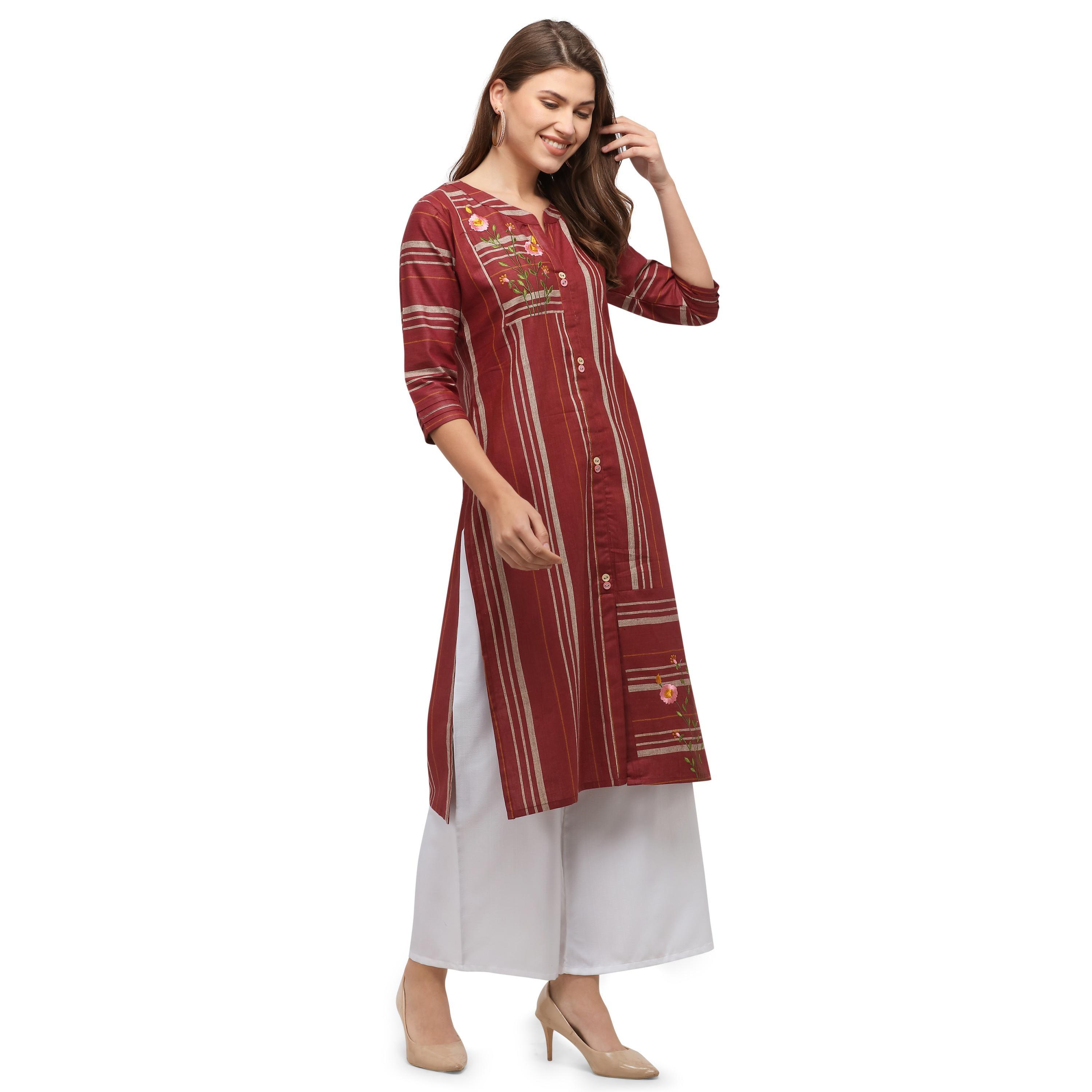 Surpassing Maroon Colored Casual Wear Embroidered Cotton Kurti With Palazzo - Peachmode