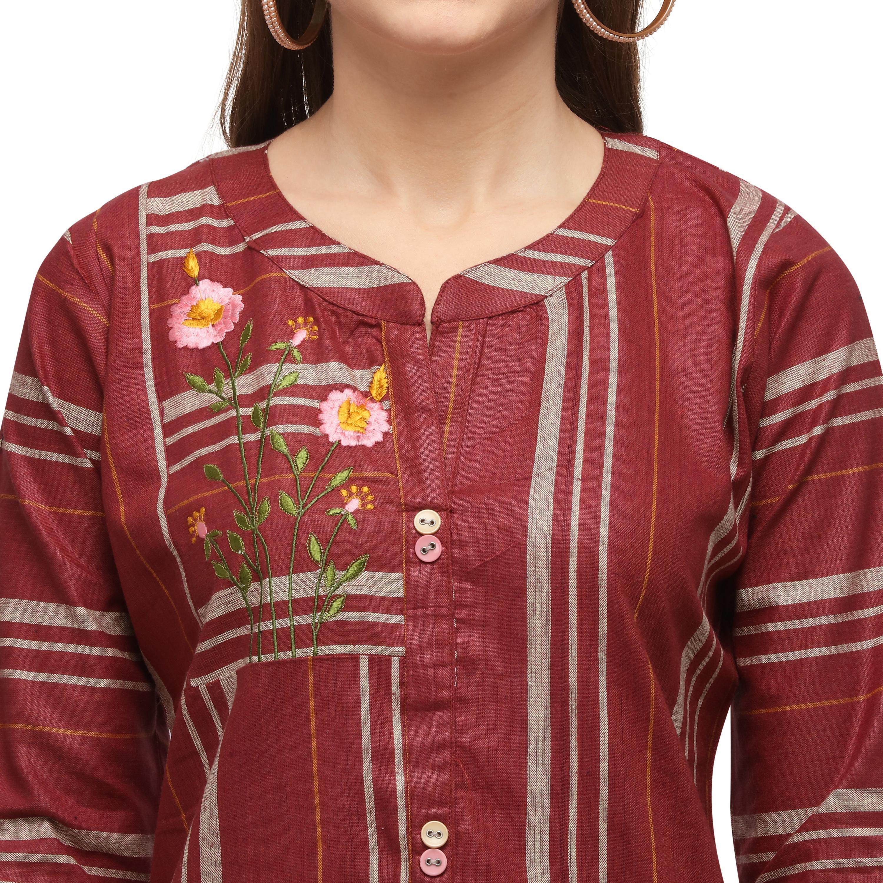Surpassing Maroon Colored Casual Wear Embroidered Cotton Kurti With Palazzo - Peachmode