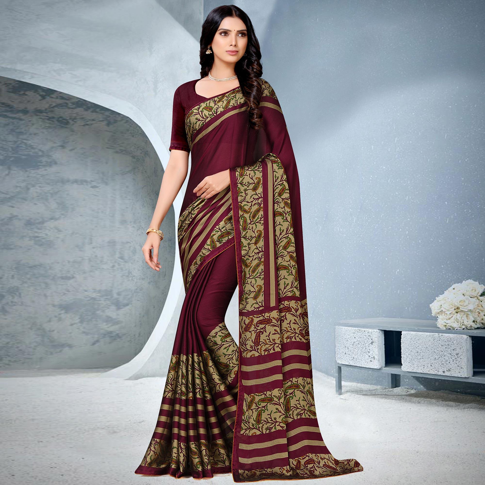 Surpassing Maroon Coloured Lace Piping Work Casual Wear Georgette Saree - Peachmode