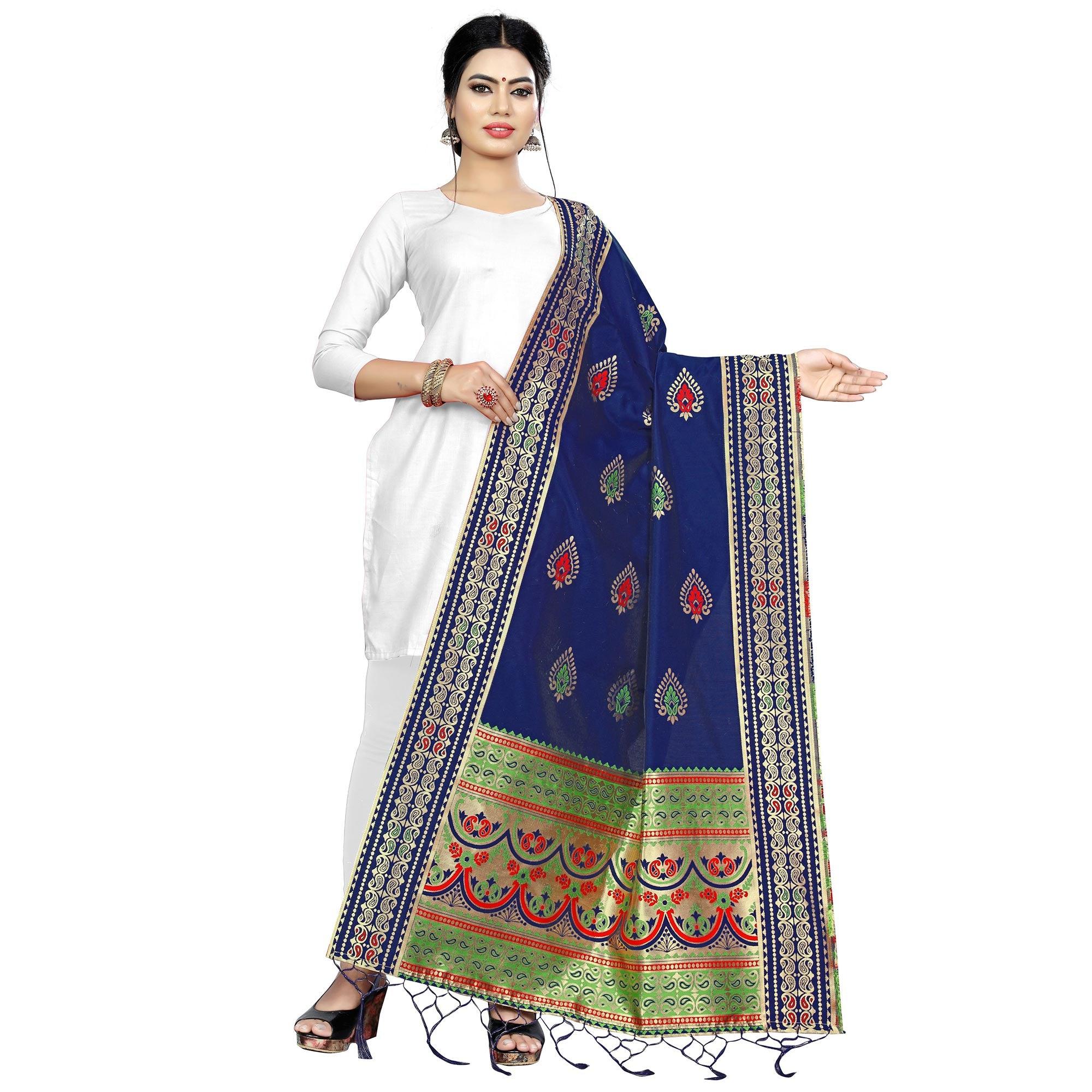Surpassing Navy Blue Colored Festive Wear Banarasi Silk Dupatta - Peachmode
