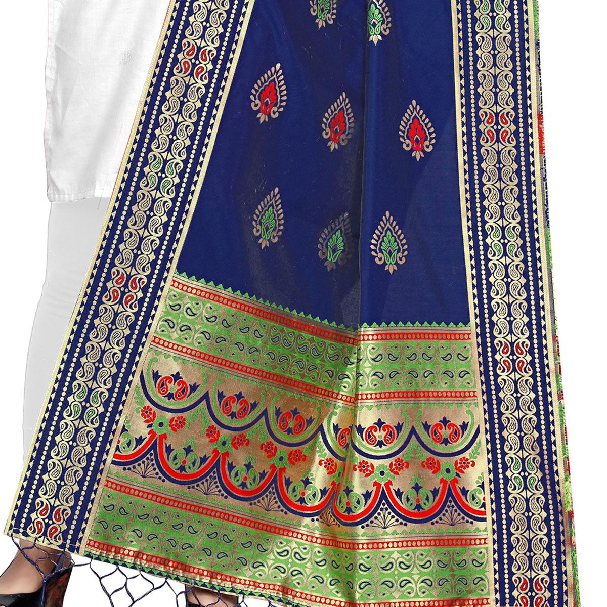 Surpassing Navy Blue Colored Festive Wear Banarasi Silk Dupatta - Peachmode