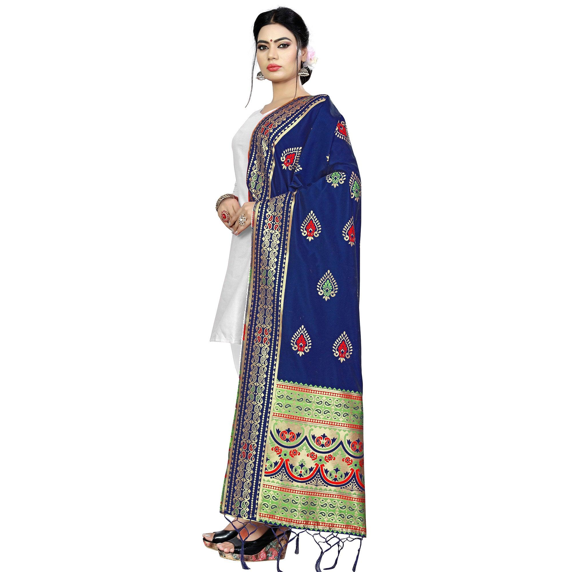 Surpassing Navy Blue Colored Festive Wear Banarasi Silk Dupatta - Peachmode