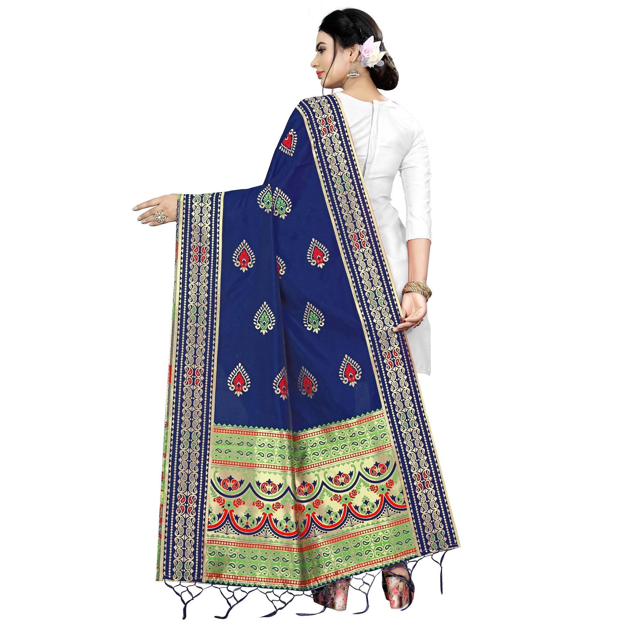 Surpassing Navy Blue Colored Festive Wear Banarasi Silk Dupatta - Peachmode