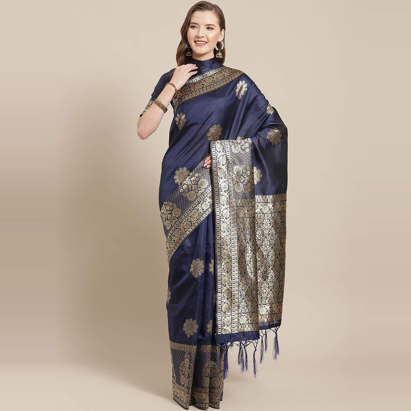 Surpassing Navy Blue Colored Festive Wear Woven Silk Blend Saree - Peachmode