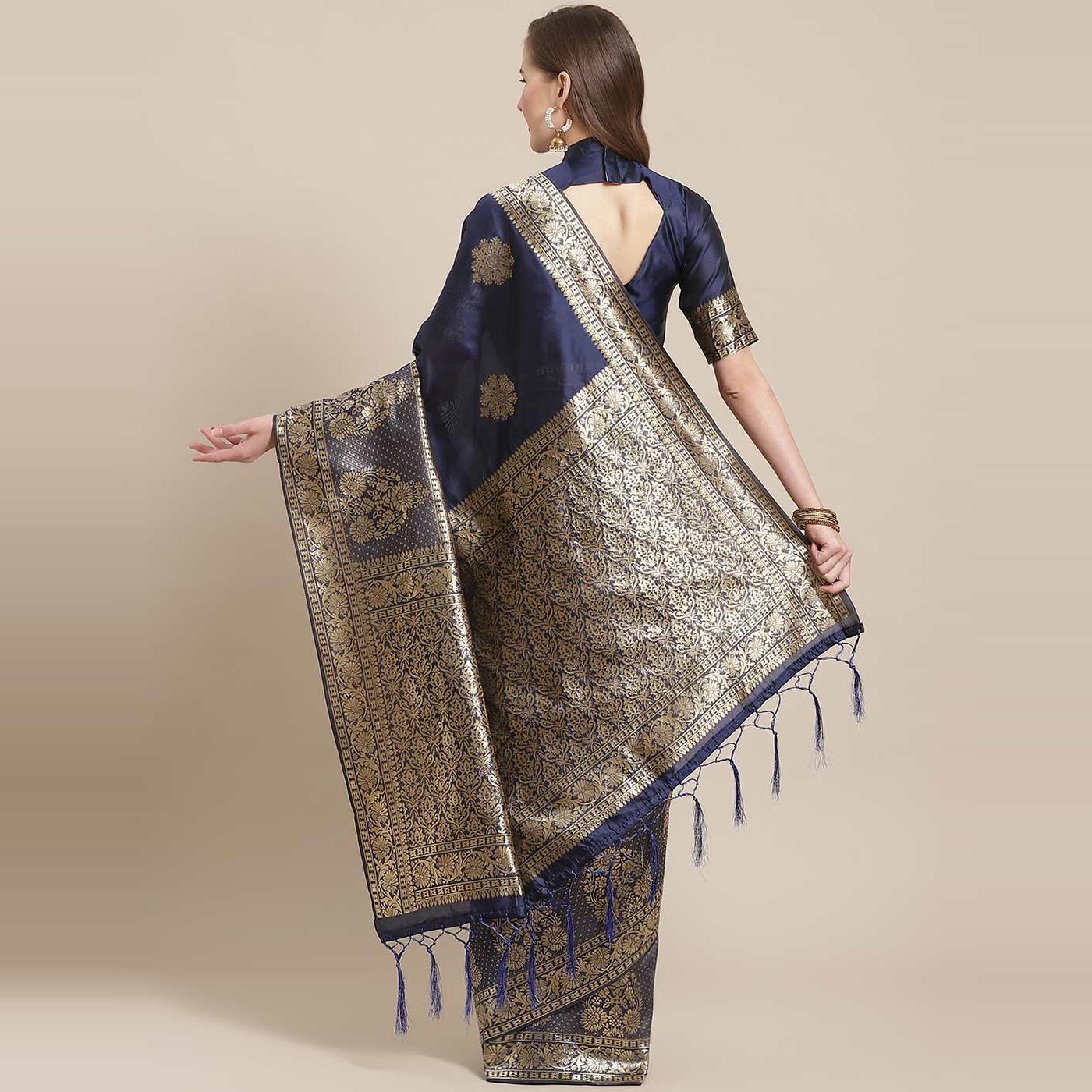 Surpassing Navy Blue Colored Festive Wear Woven Silk Blend Saree - Peachmode