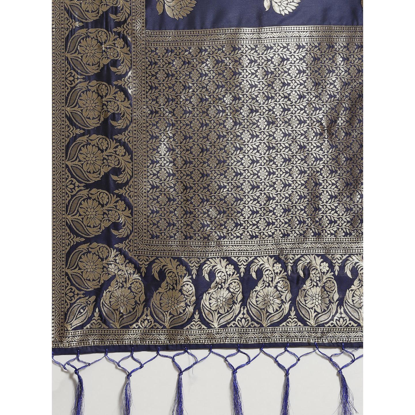 Surpassing Navy Blue Colored Festive Wear Woven Silk Blend Saree - Peachmode