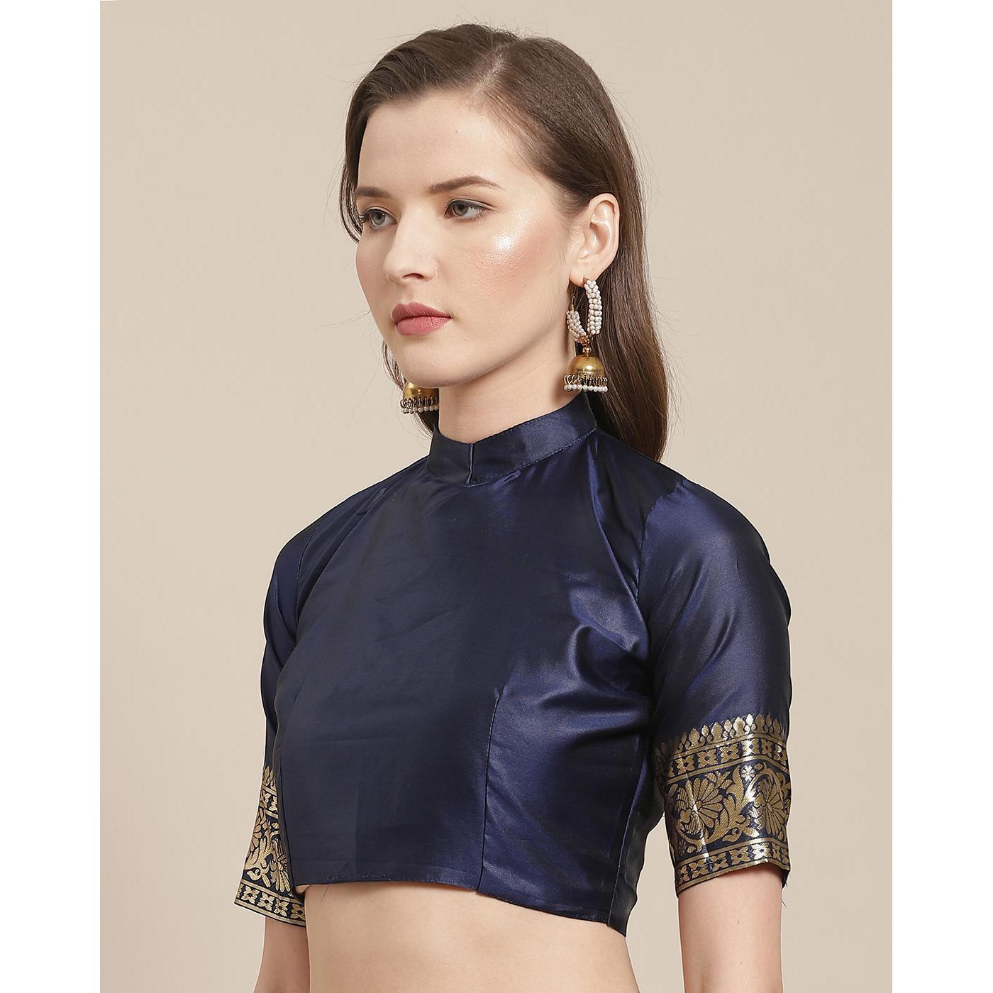 Surpassing Navy Blue Colored Festive Wear Woven Silk Blend Saree - Peachmode