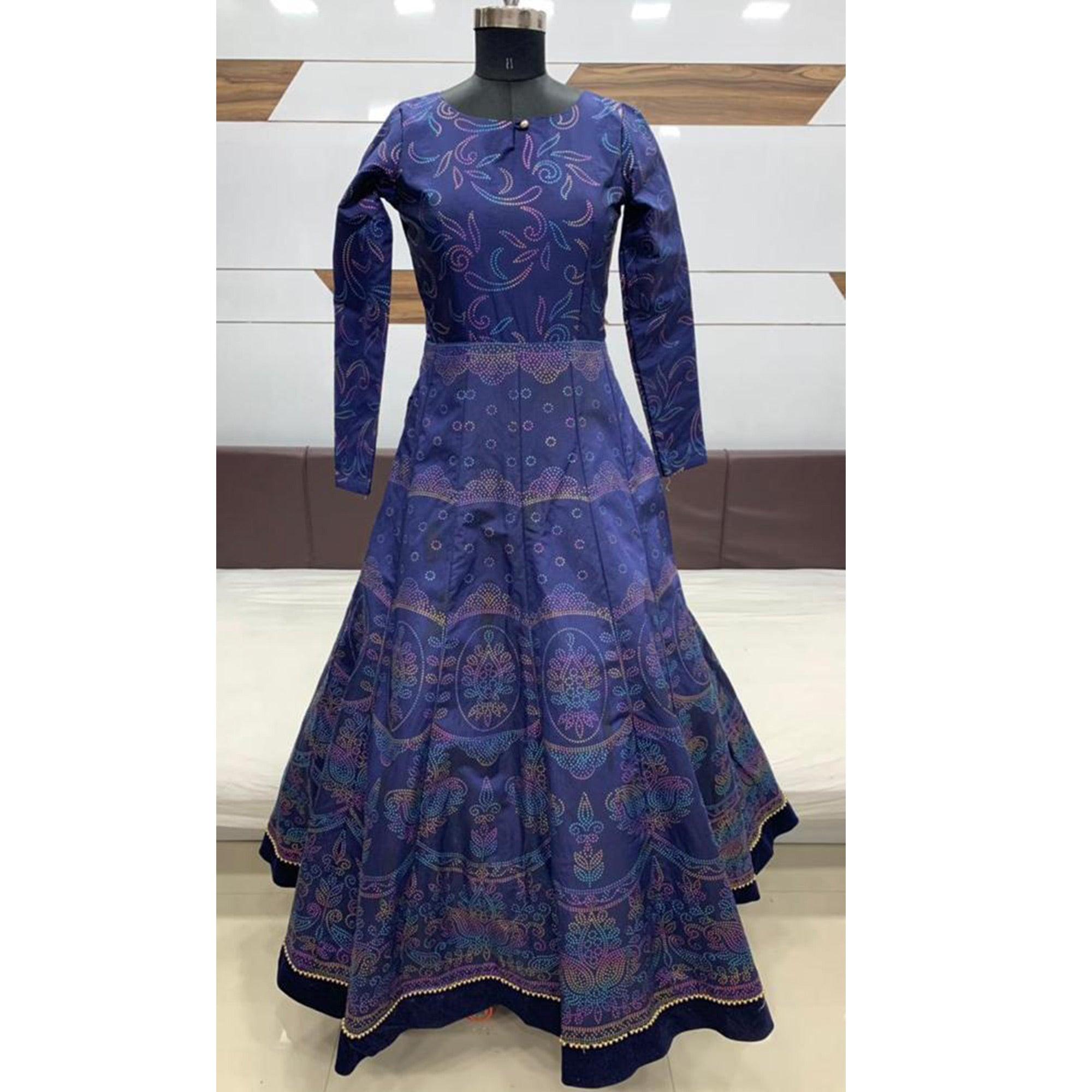 Surpassing Navy Blue Colored Party Wear Pigment Foil Work Taffeta Silk Gown - Peachmode