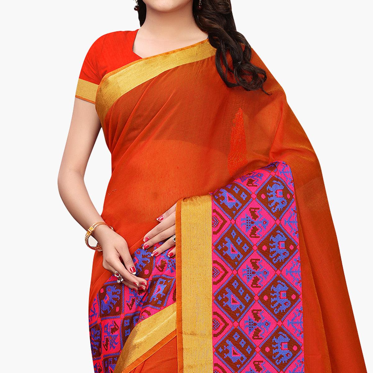 Surpassing Orange Colored Festive Wear Cotton Silk Saree - Peachmode