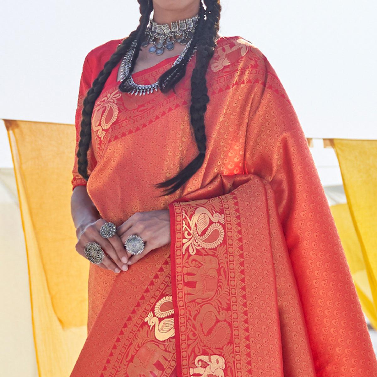 Surpassing Orange Colored Festive Wear Weaving Handloom Soft Silk Saree - Peachmode