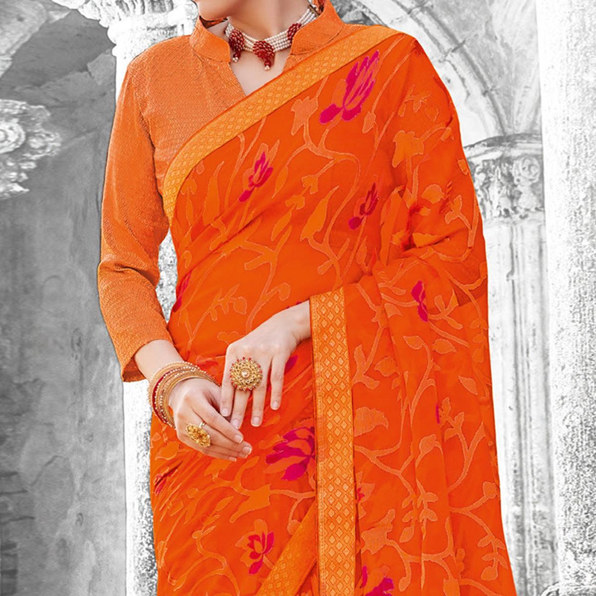 Surpassing Orange Coloured Partywear Printed Brasso Saree - Peachmode