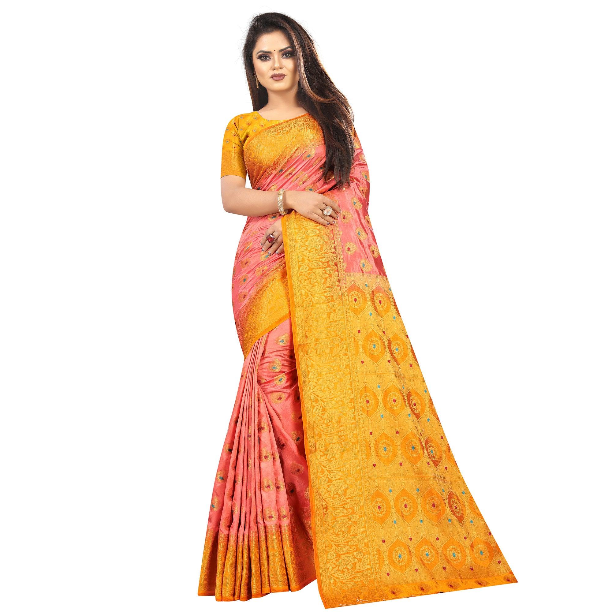 Surpassing Peach Colored Festive Wear Woven Art Silk Saree - Peachmode