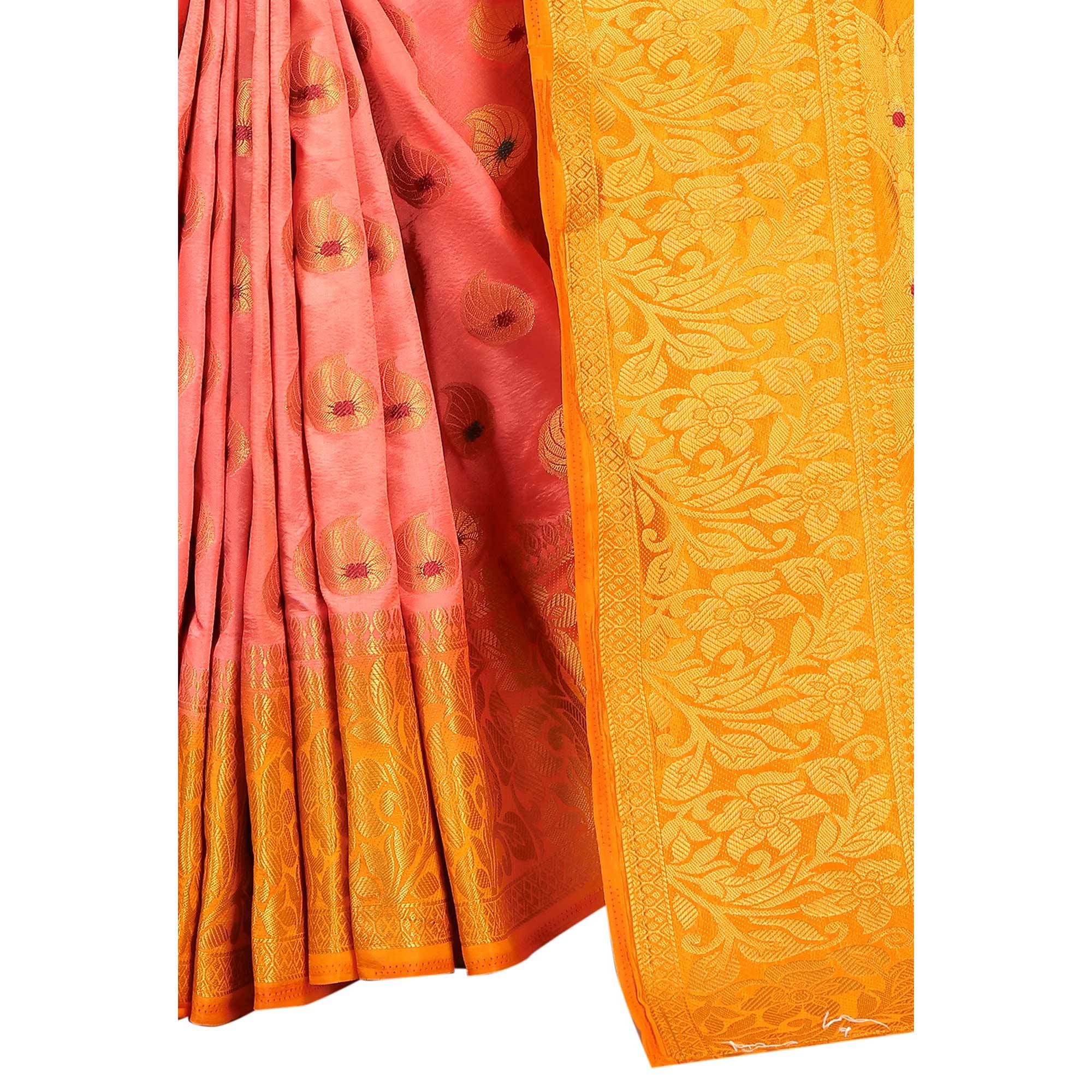 Surpassing Peach Colored Festive Wear Woven Art Silk Saree - Peachmode