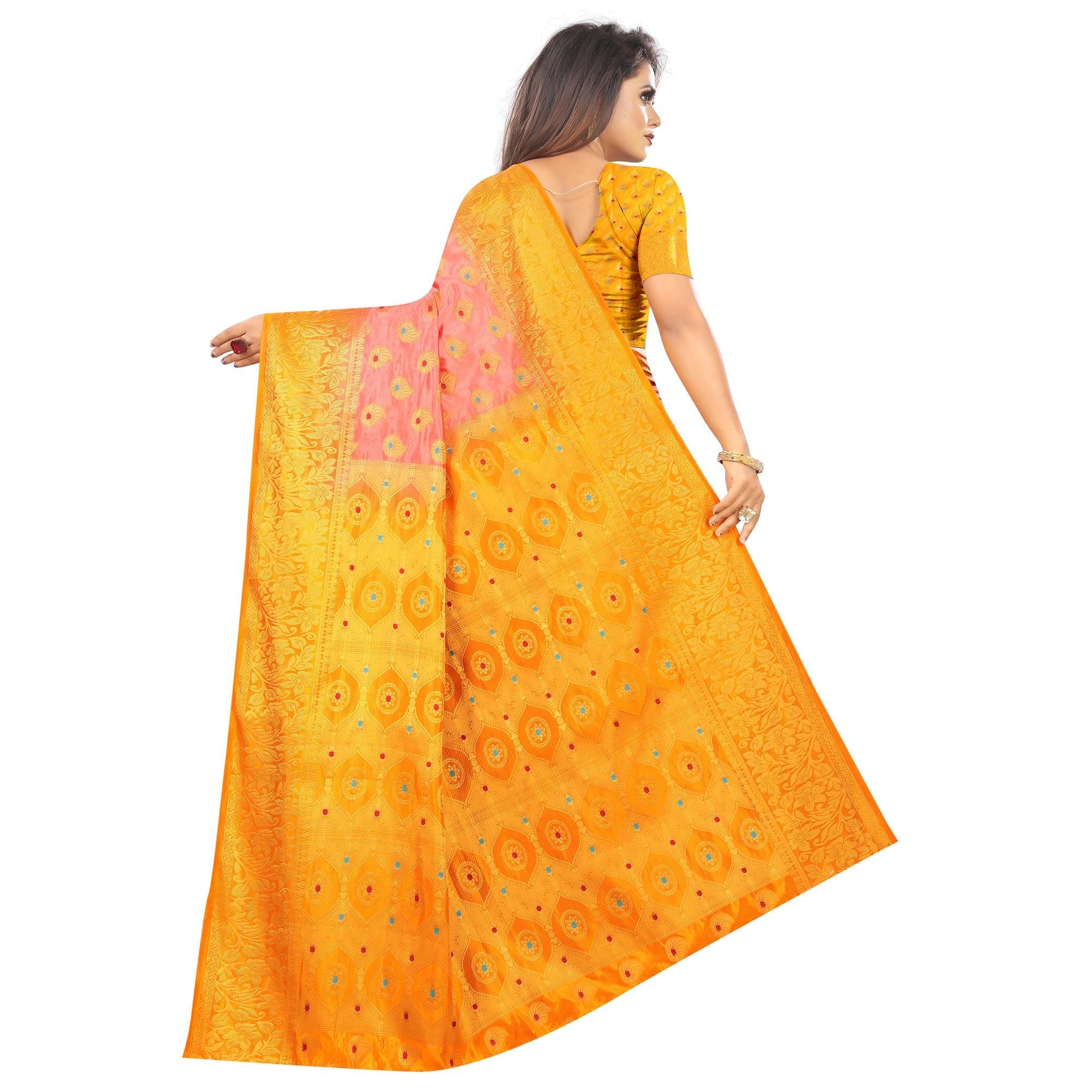 Surpassing Peach Colored Festive Wear Woven Art Silk Saree - Peachmode