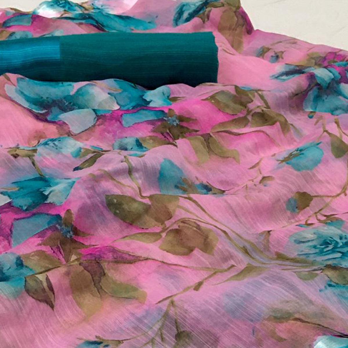 Surpassing Pink Colored Casual Wear Floral Printed Linen Saree - Peachmode