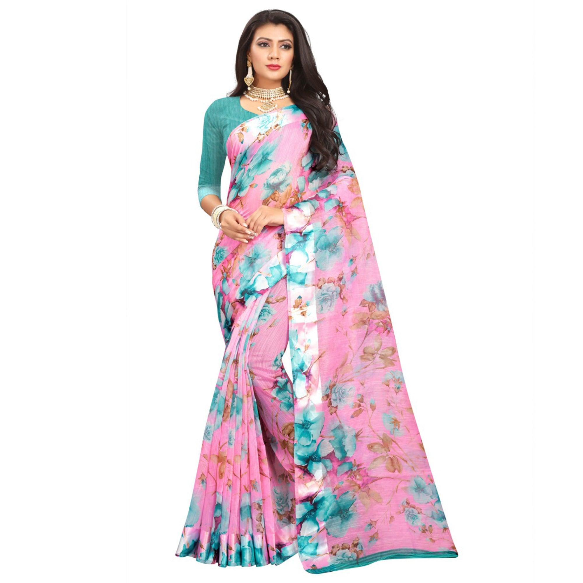 Surpassing Pink Colored Casual Wear Floral Printed Linen Saree - Peachmode