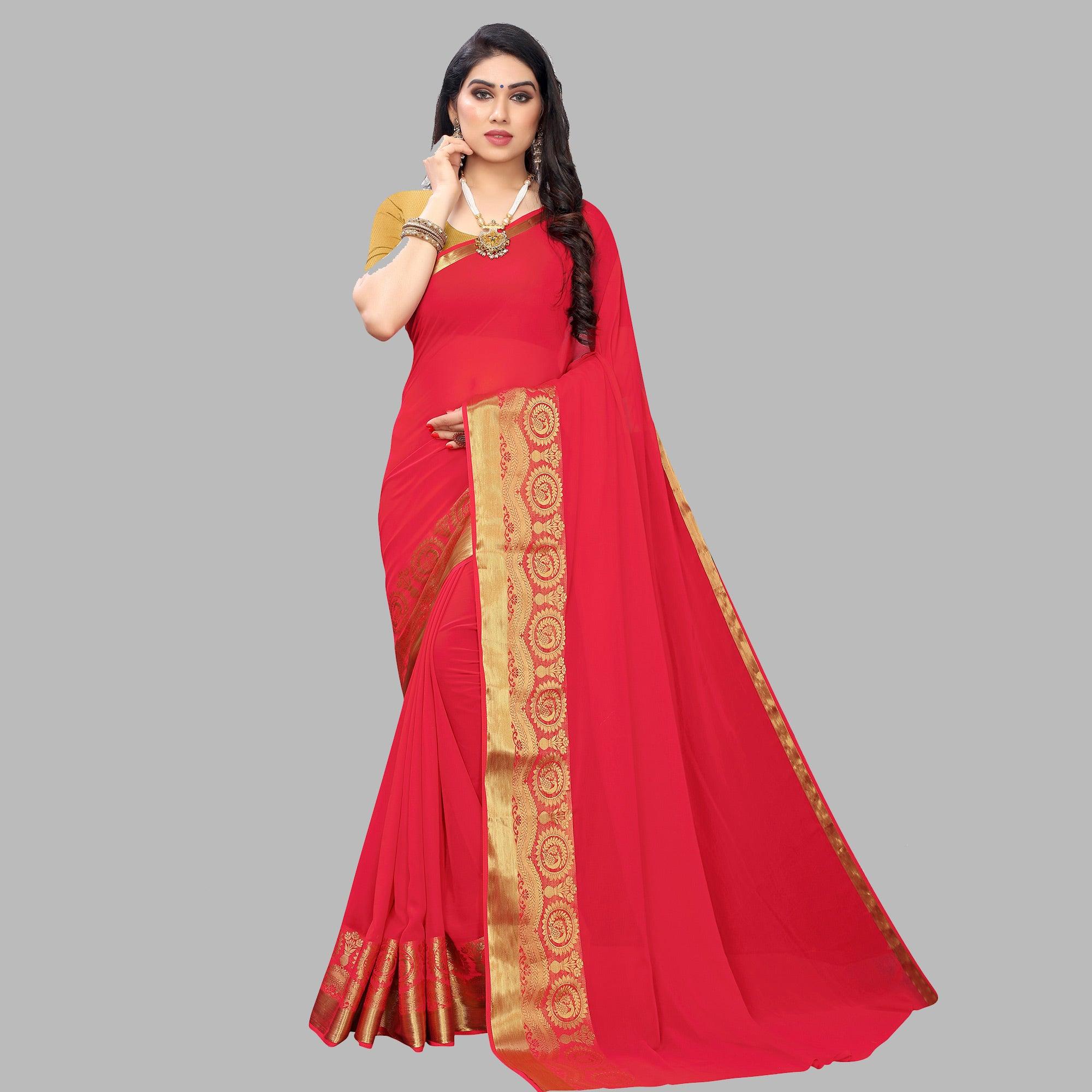 Surpassing Red Colored Festive Wear Woven Chiffon Saree - Peachmode