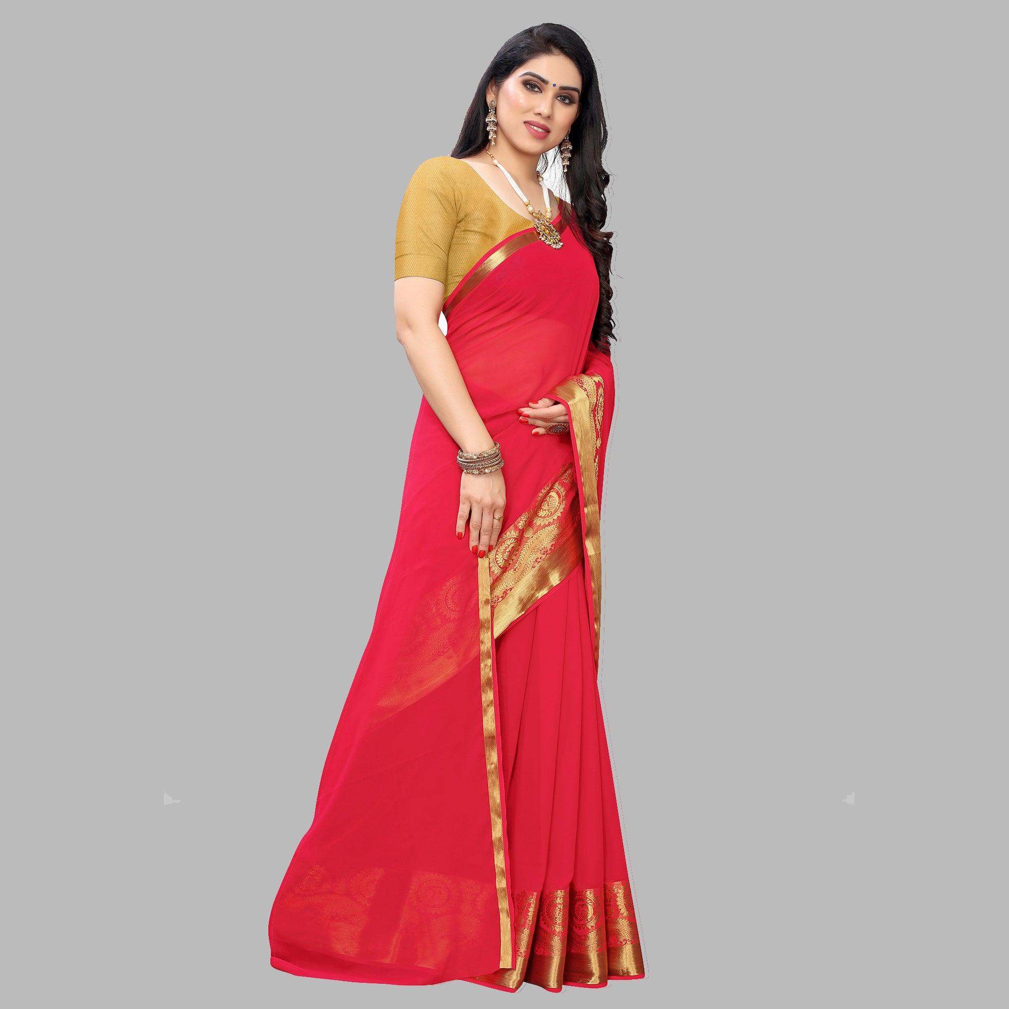 Surpassing Red Colored Festive Wear Woven Chiffon Saree - Peachmode
