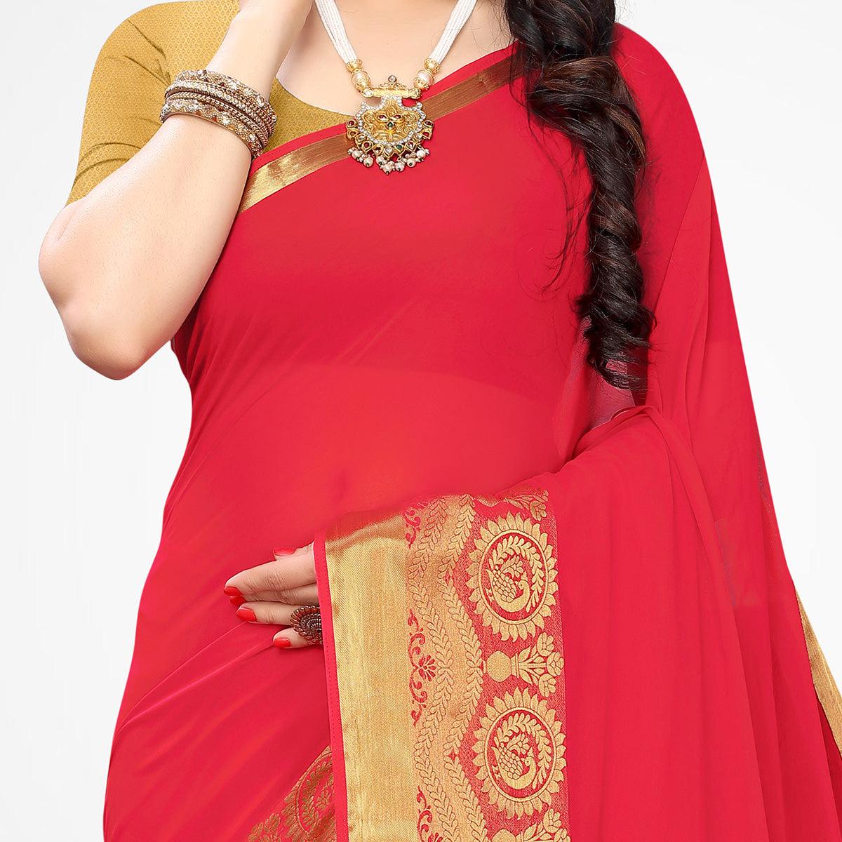 Surpassing Red Colored Festive Wear Woven Chiffon Saree - Peachmode