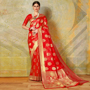 Surpassing Red Colored Festive Wear Woven Handloom Silk Saree - Peachmode