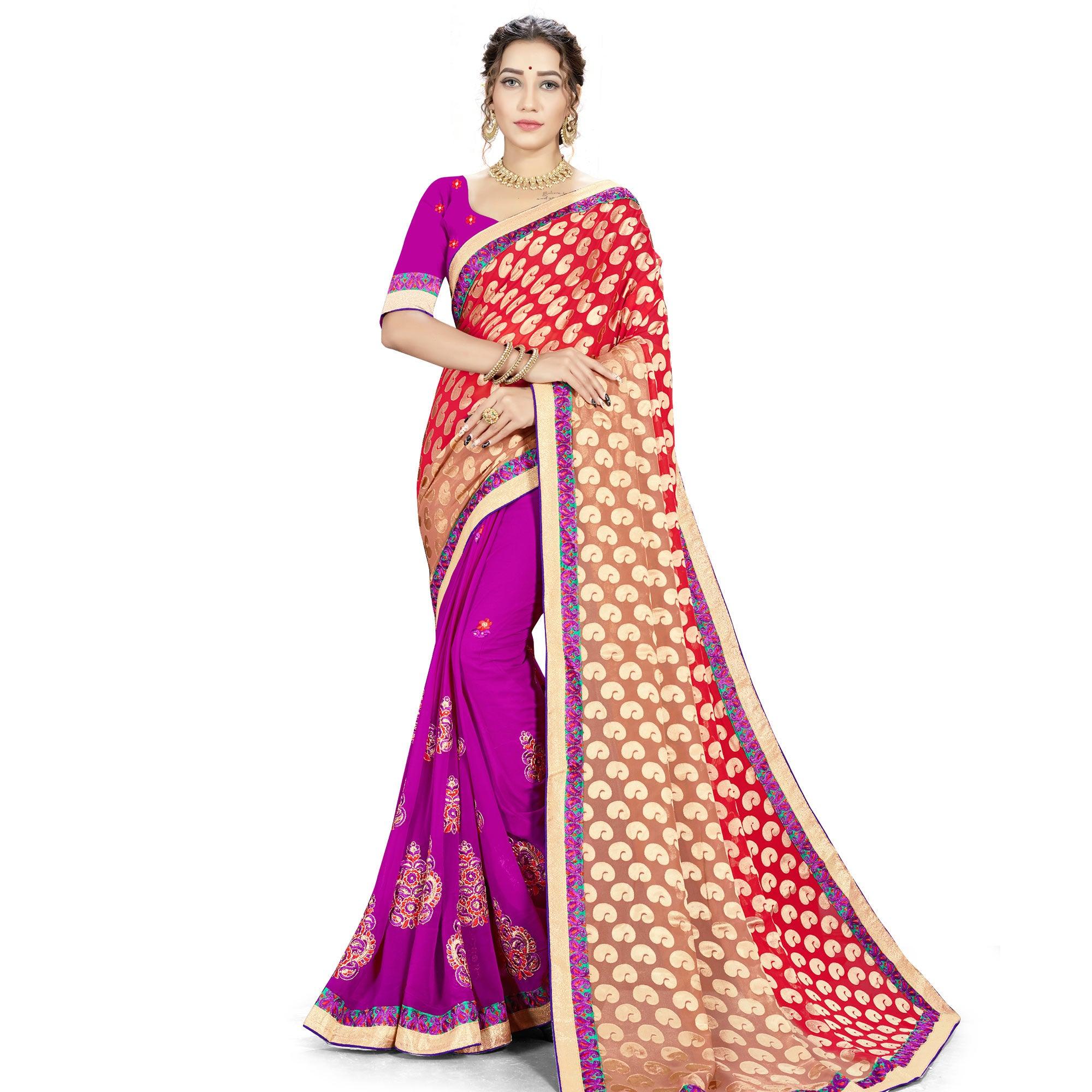 Surpassing Red-Purple Colored party Wear Embroidered Georgette Half-Half Saree - Peachmode