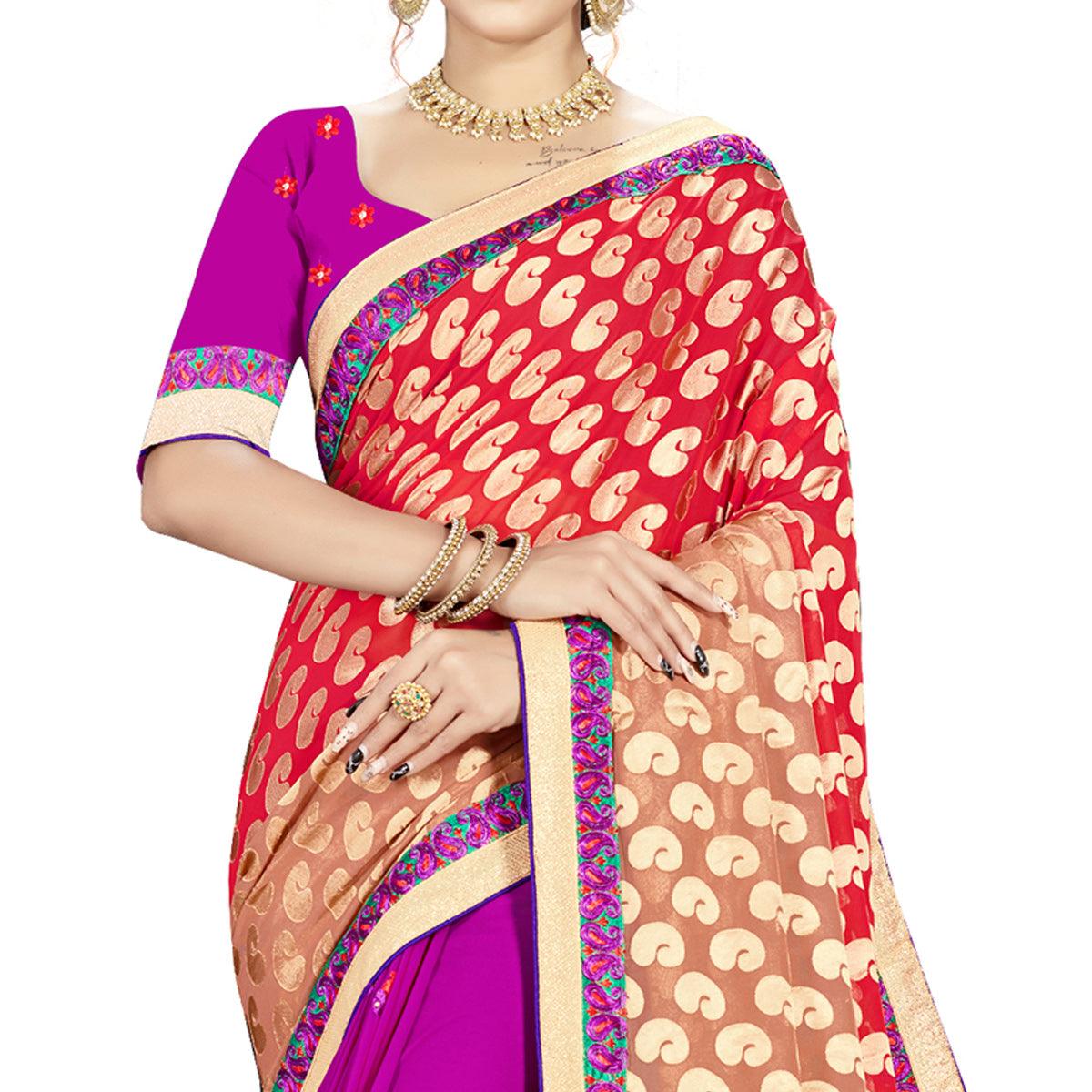 Surpassing Red-Purple Colored party Wear Embroidered Georgette Half-Half Saree - Peachmode