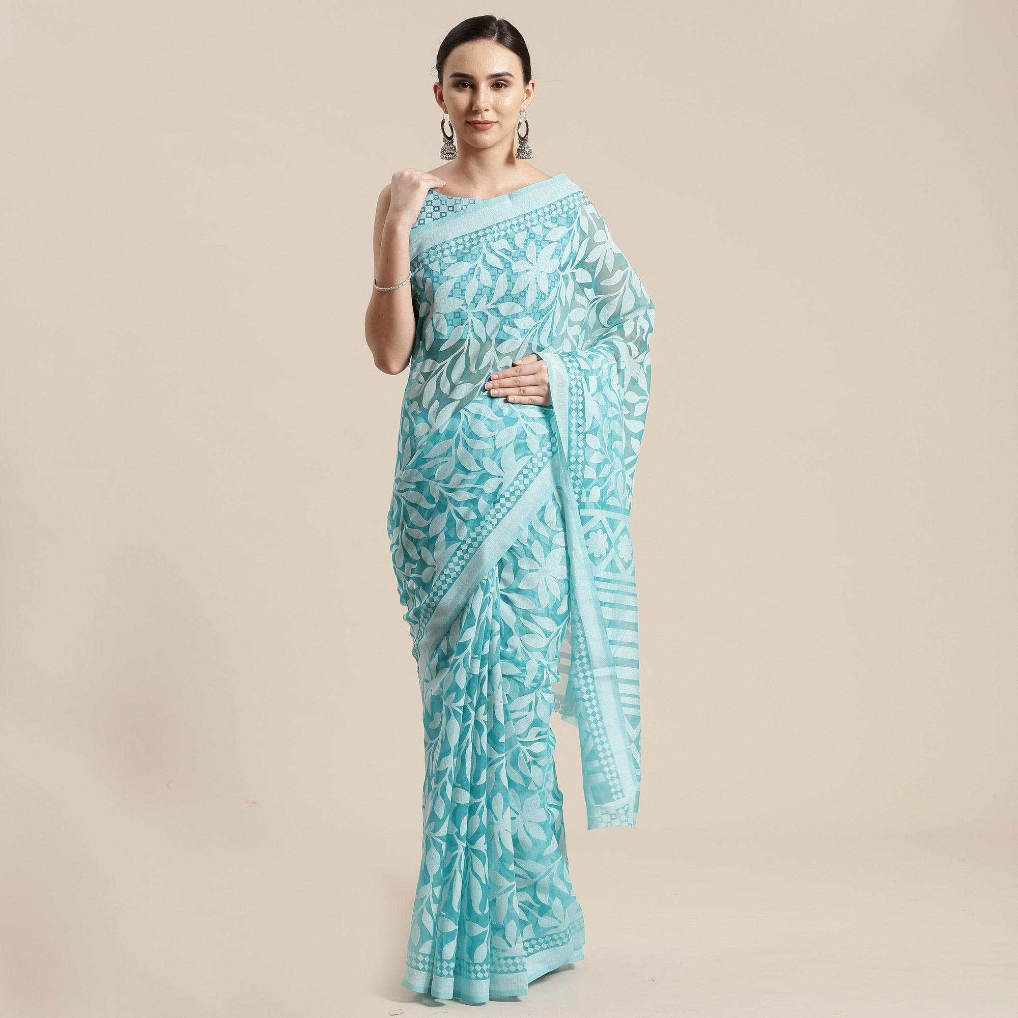 Surpassing Turquoise Colored Party Wear Geometric Brasso Saree - Peachmode