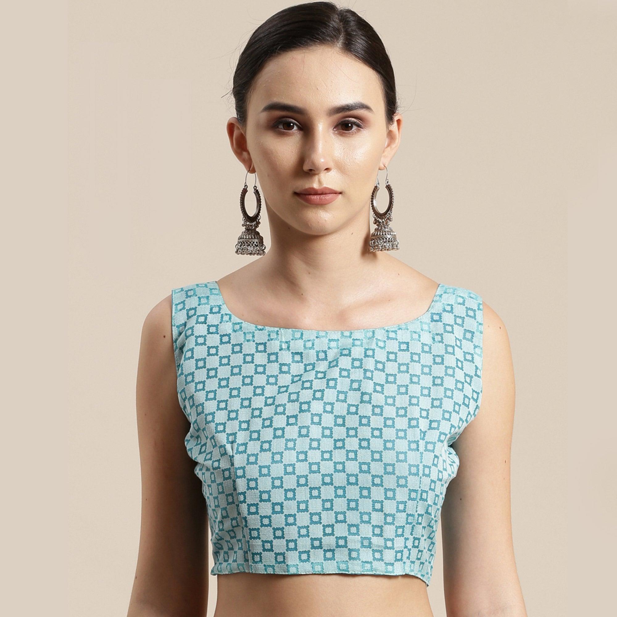 Surpassing Turquoise Colored Party Wear Geometric Brasso Saree - Peachmode