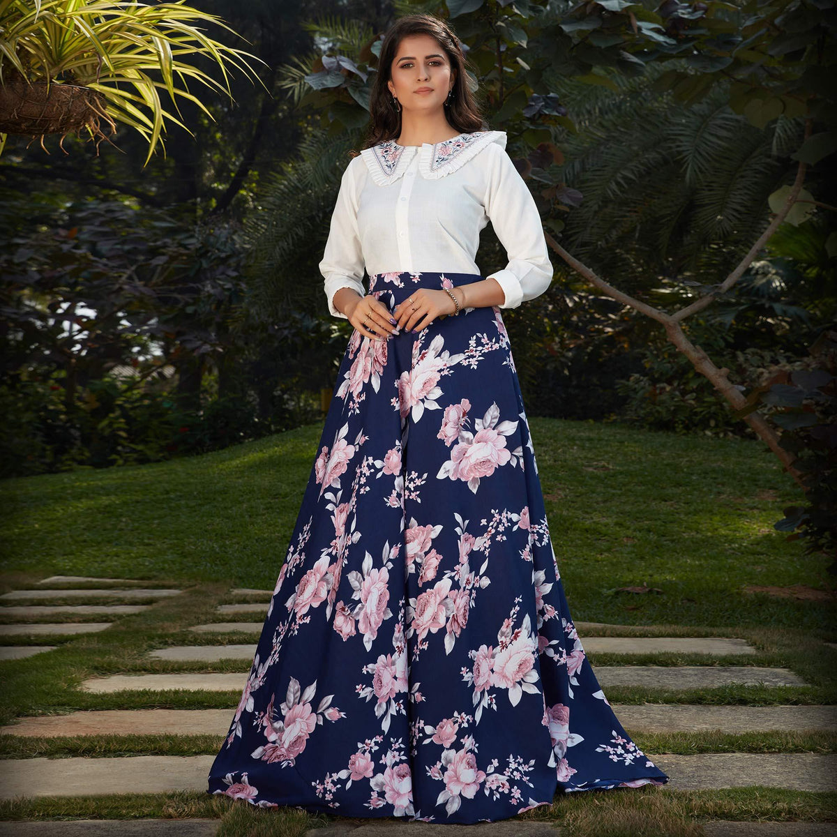 Surpassing White Navy Blue Colored Casual Wear Printed Western