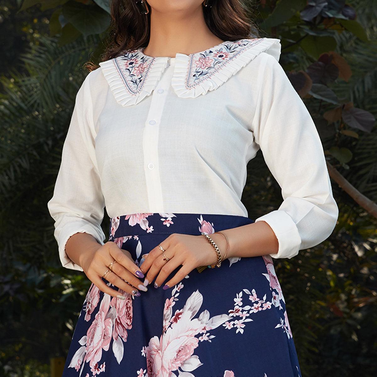 Surpassing White - Navy Blue Colored Casual Wear Printed Western Crop Top - Skirt Set - Peachmode