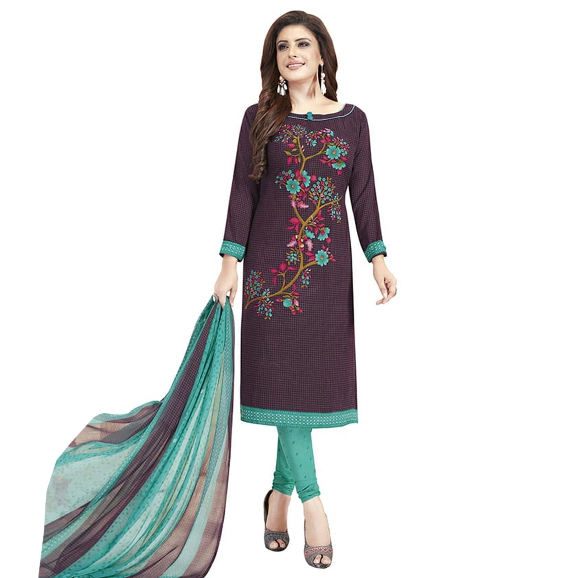 Surpassing Wine Colored Casual Printed Crepe Churidar Dress Material - Peachmode