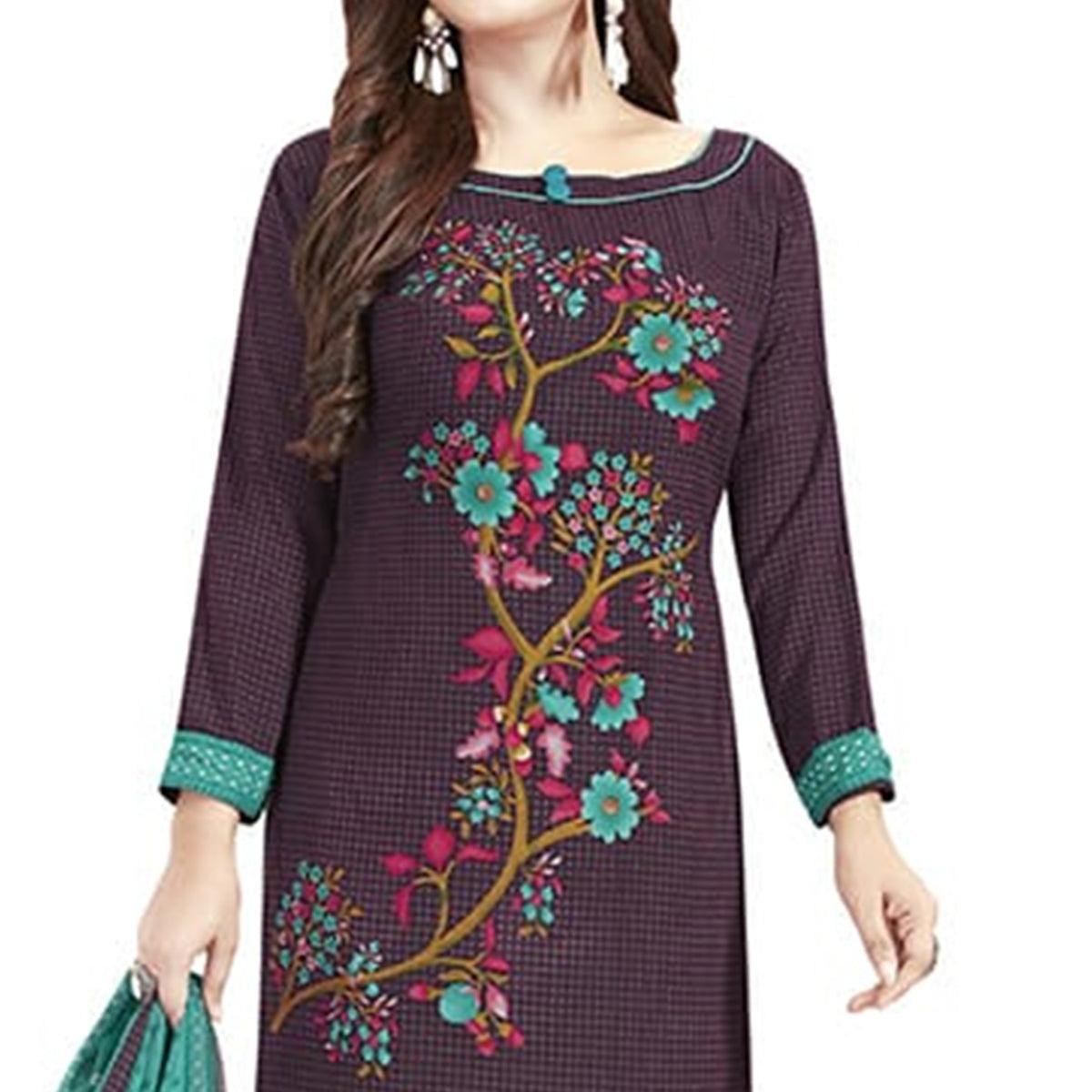 Surpassing Wine Colored Casual Printed Crepe Churidar Dress Material - Peachmode