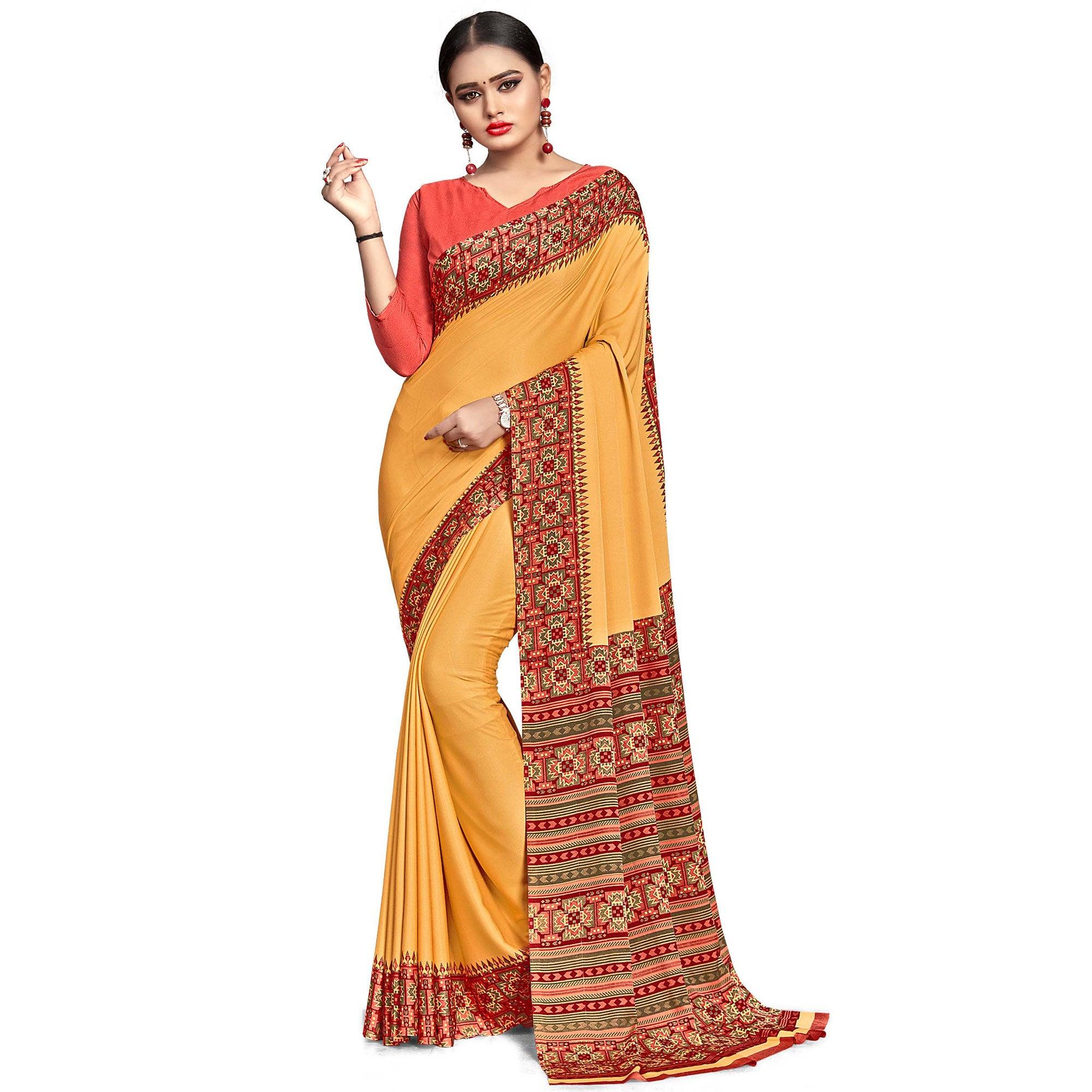 Surpassing Yellow Colored Casual Wear Printed Crepe Saree - Peachmode