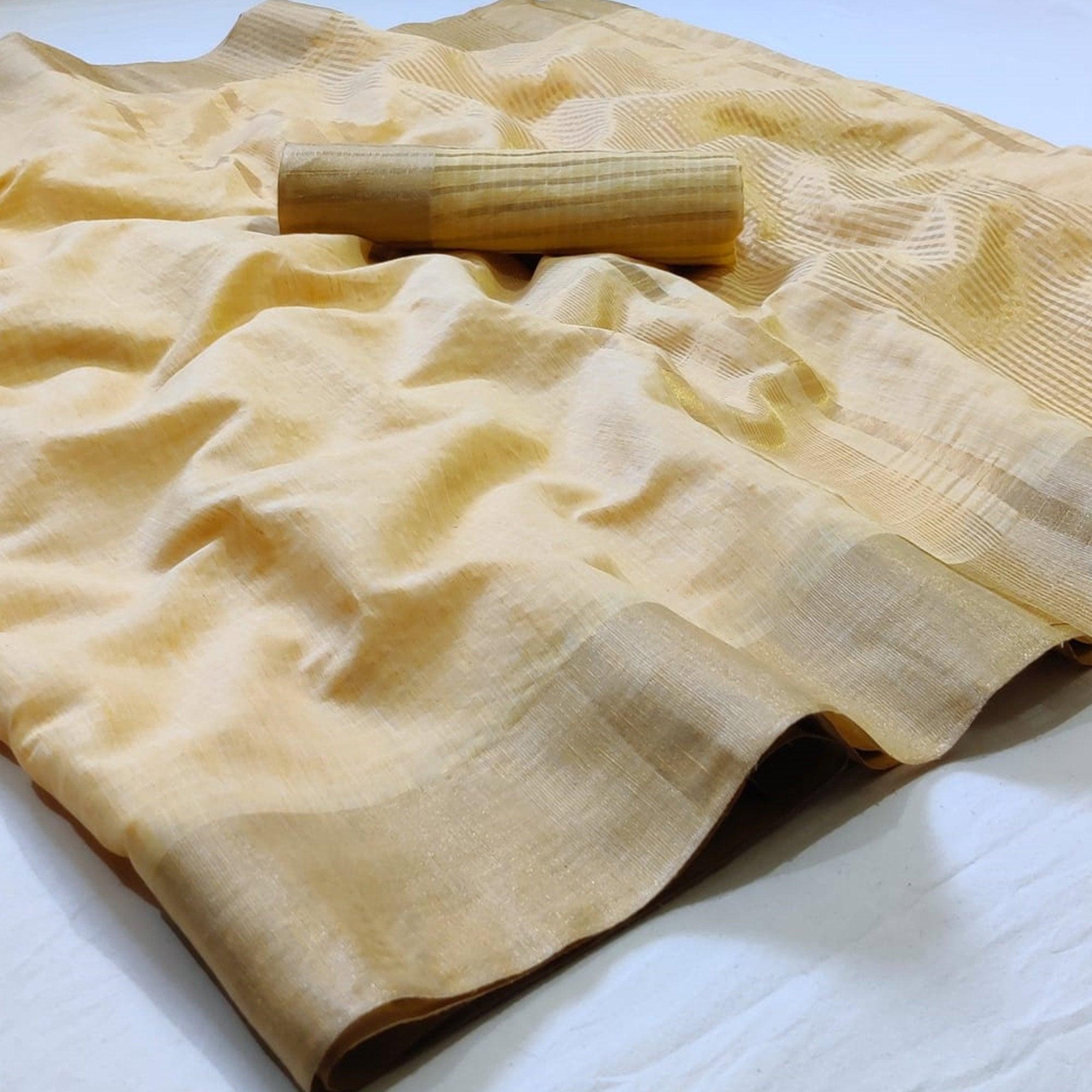 Surpassing Yellow Colored Festive Wear Woven Linen Saree - Peachmode