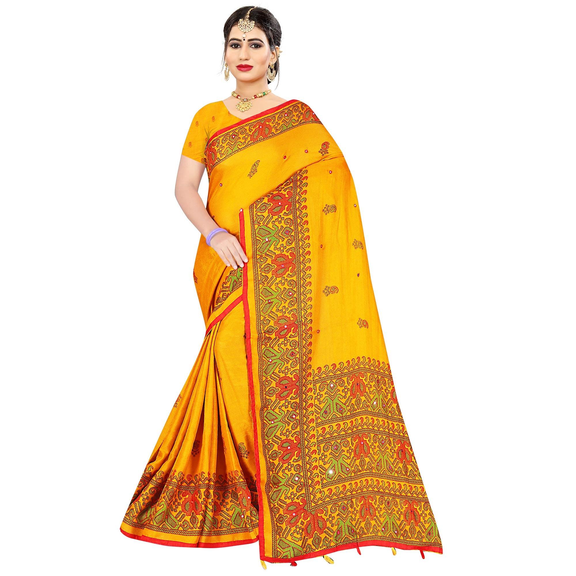 Surpassing Yellow Coloured Casual Wear Printed Cotton Jute Saree - Peachmode