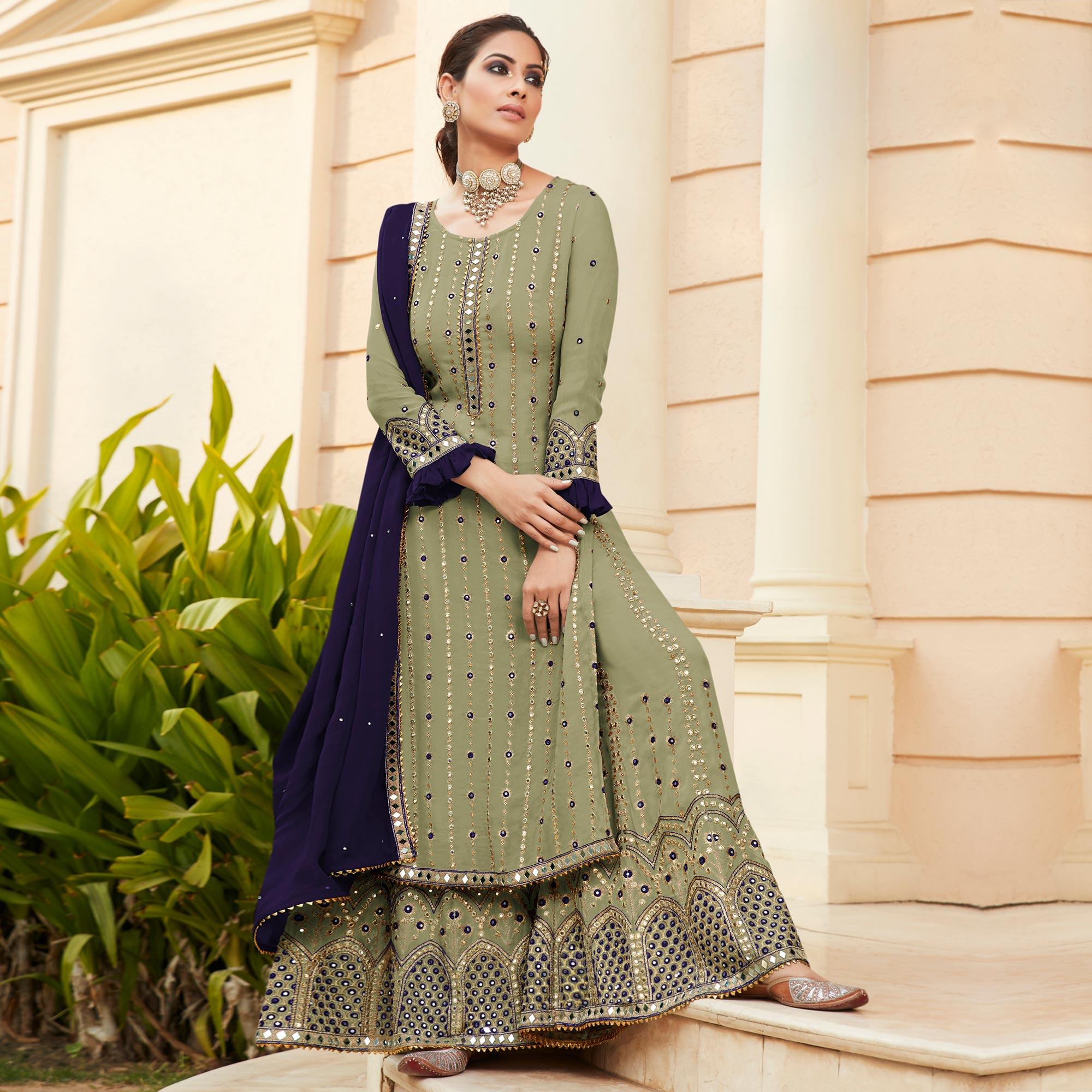 Swamp Green Party Wear Embroidered with Original Mirror Heavy Foux Georgette Salwar Suit - Peachmode