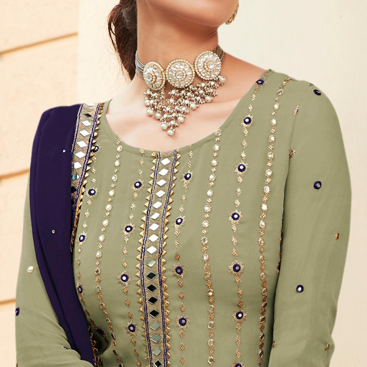 Swamp Green Party Wear Embroidered with Original Mirror Heavy Foux Georgette Salwar Suit - Peachmode